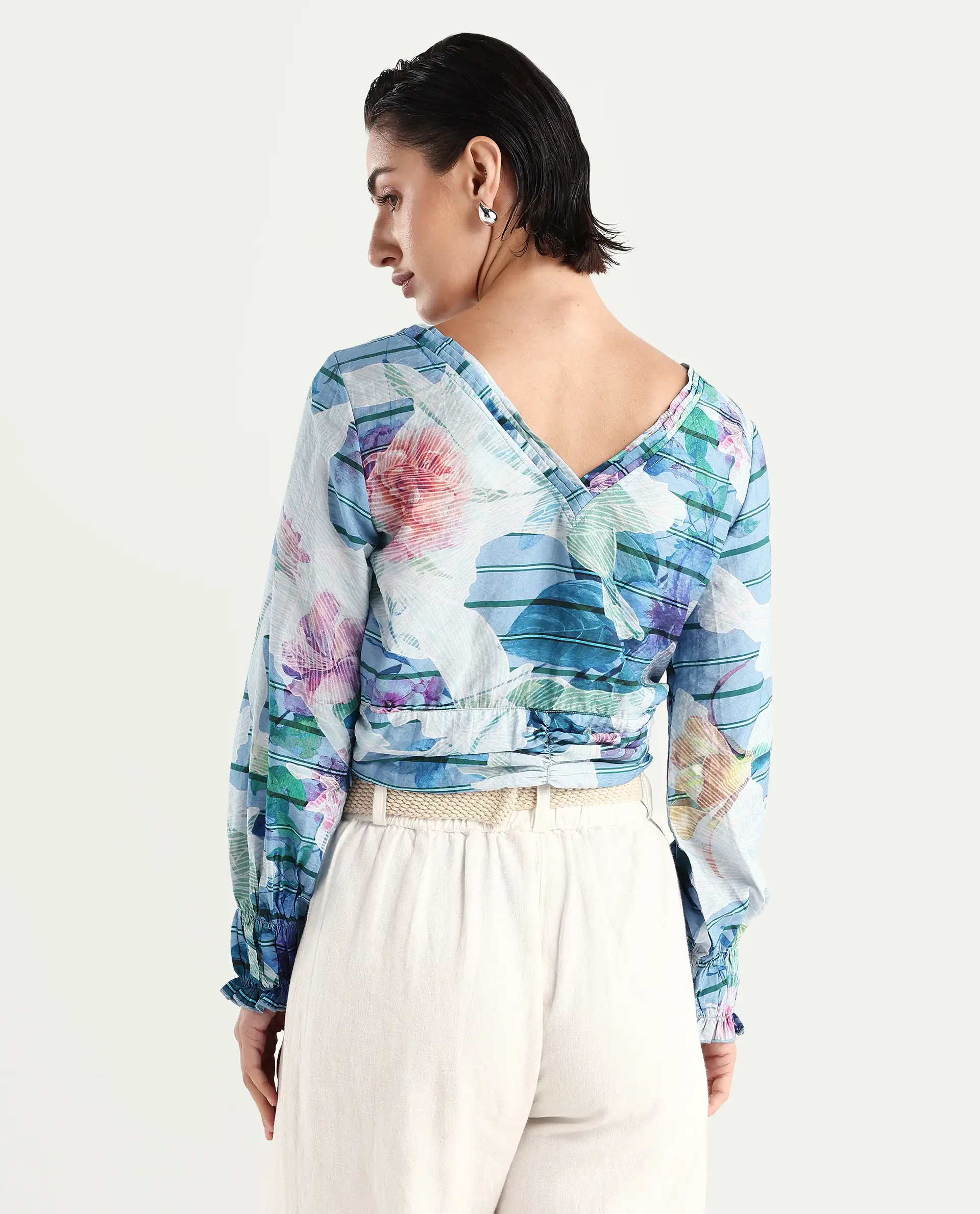 Rareism Women's Feonao Blue Nylon Blend Crew Neck Floral Print Bishop Sleeve Crop Regular Fit Top - Image 7