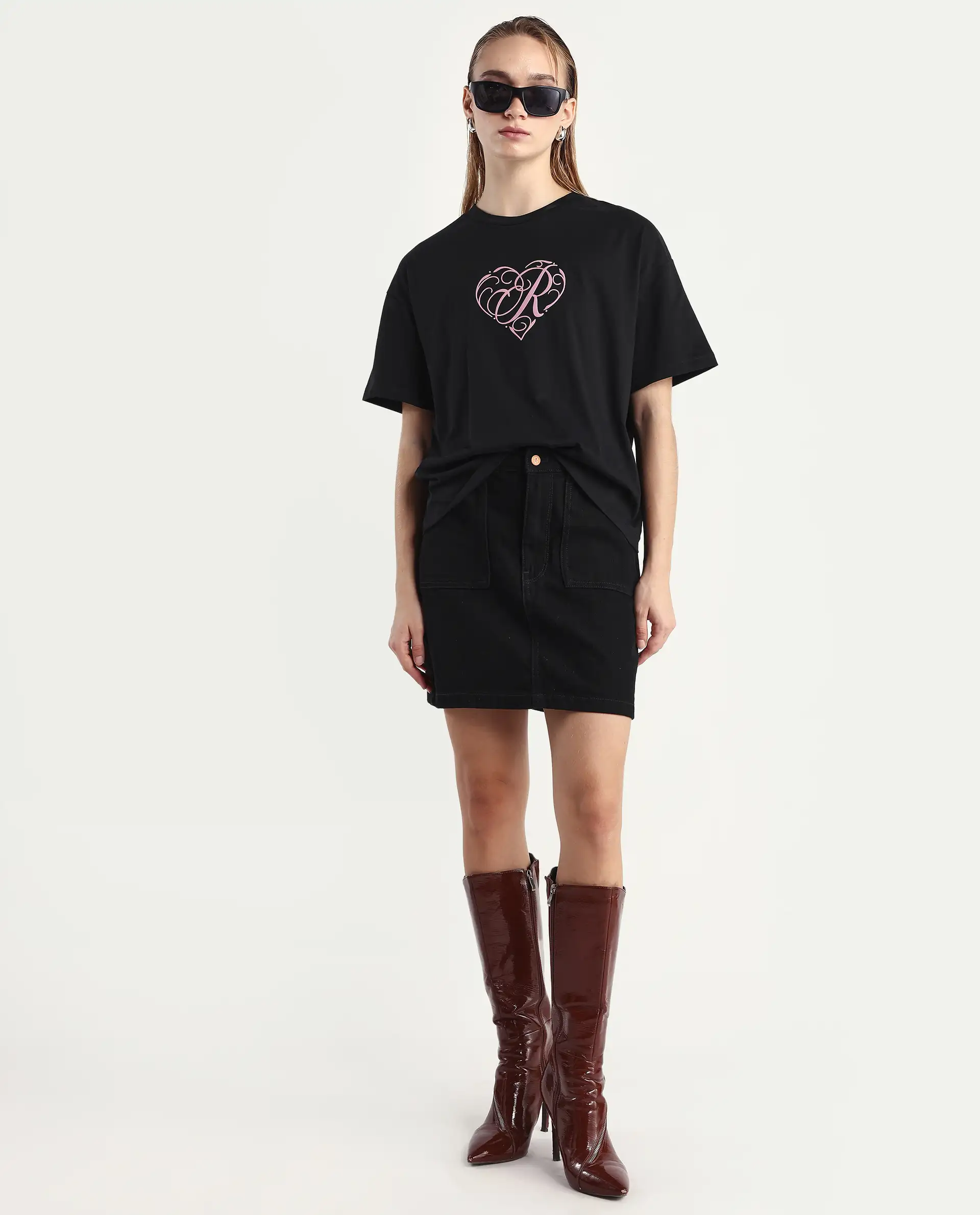 Rareism Women's Fer Black Cotton Crew Neck Relaxed Fit T-Shirt - Image 2