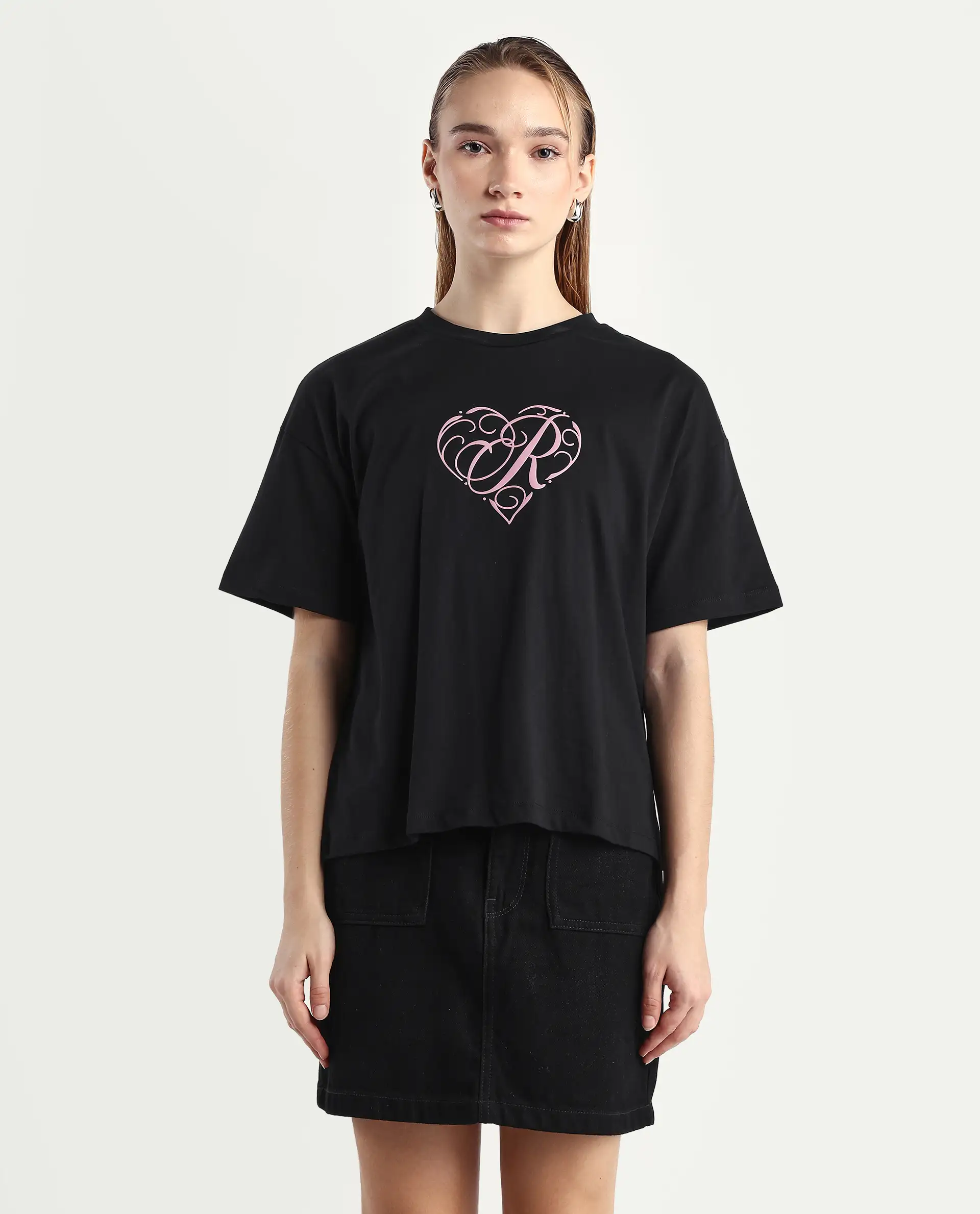 Rareism Women's Fer Black Cotton Crew Neck Relaxed Fit T-Shirt - Image 3