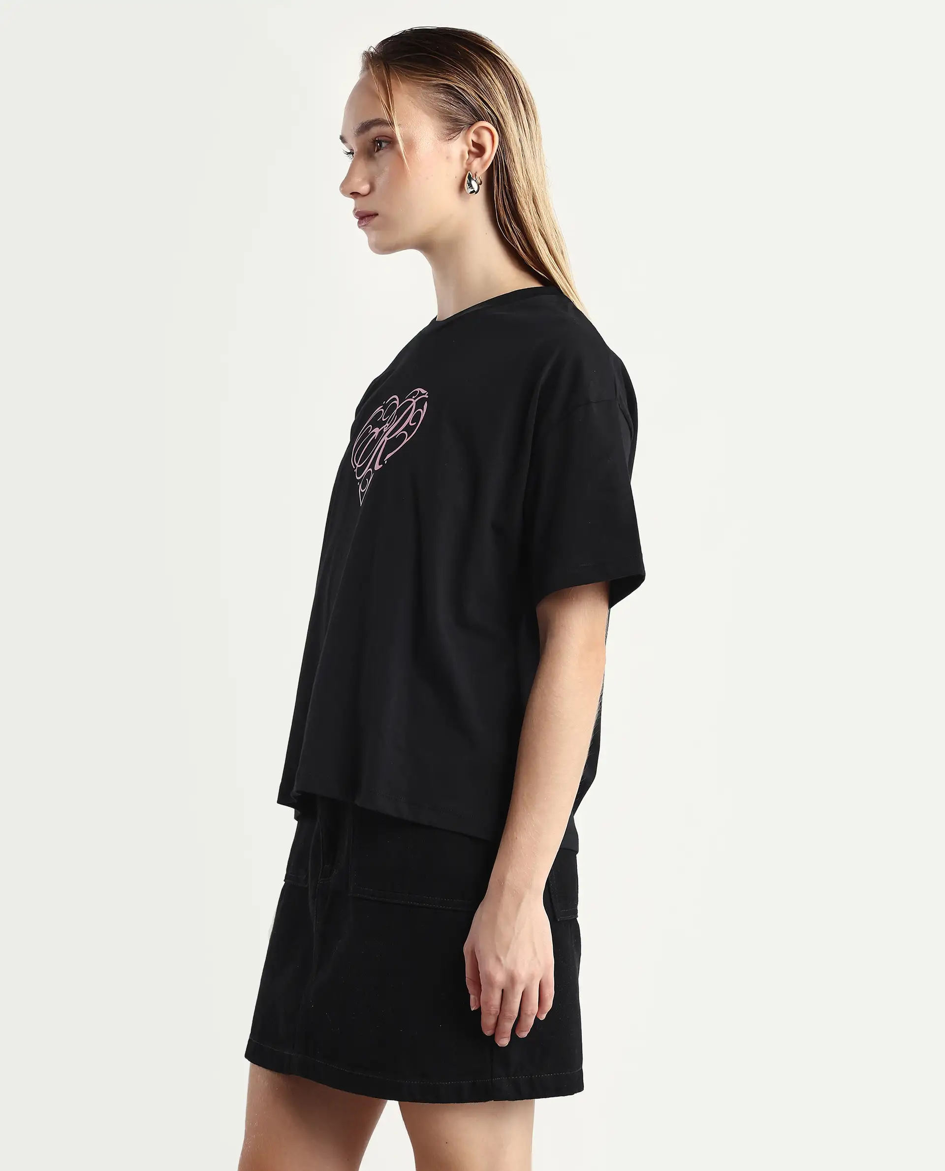 Rareism Women's Fer Black Cotton Crew Neck Relaxed Fit T-Shirt - Image 5