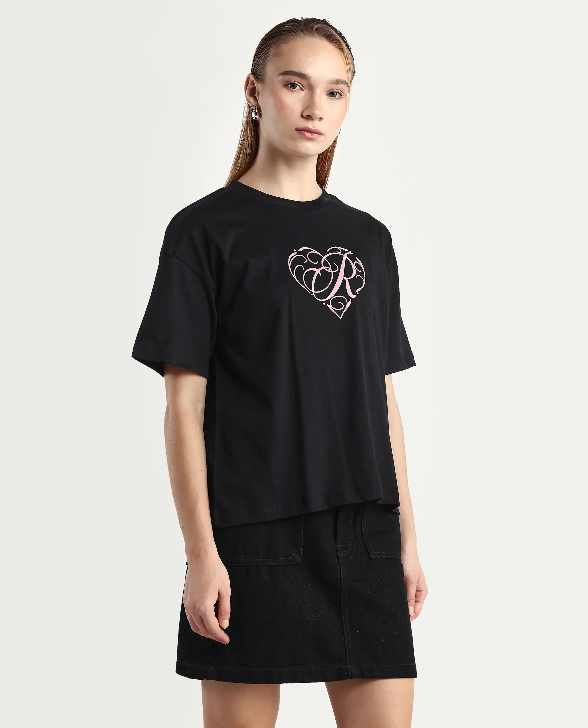 Rareism Women's Fer Black Cotton Crew Neck Relaxed Fit T-Shirt - Image 6