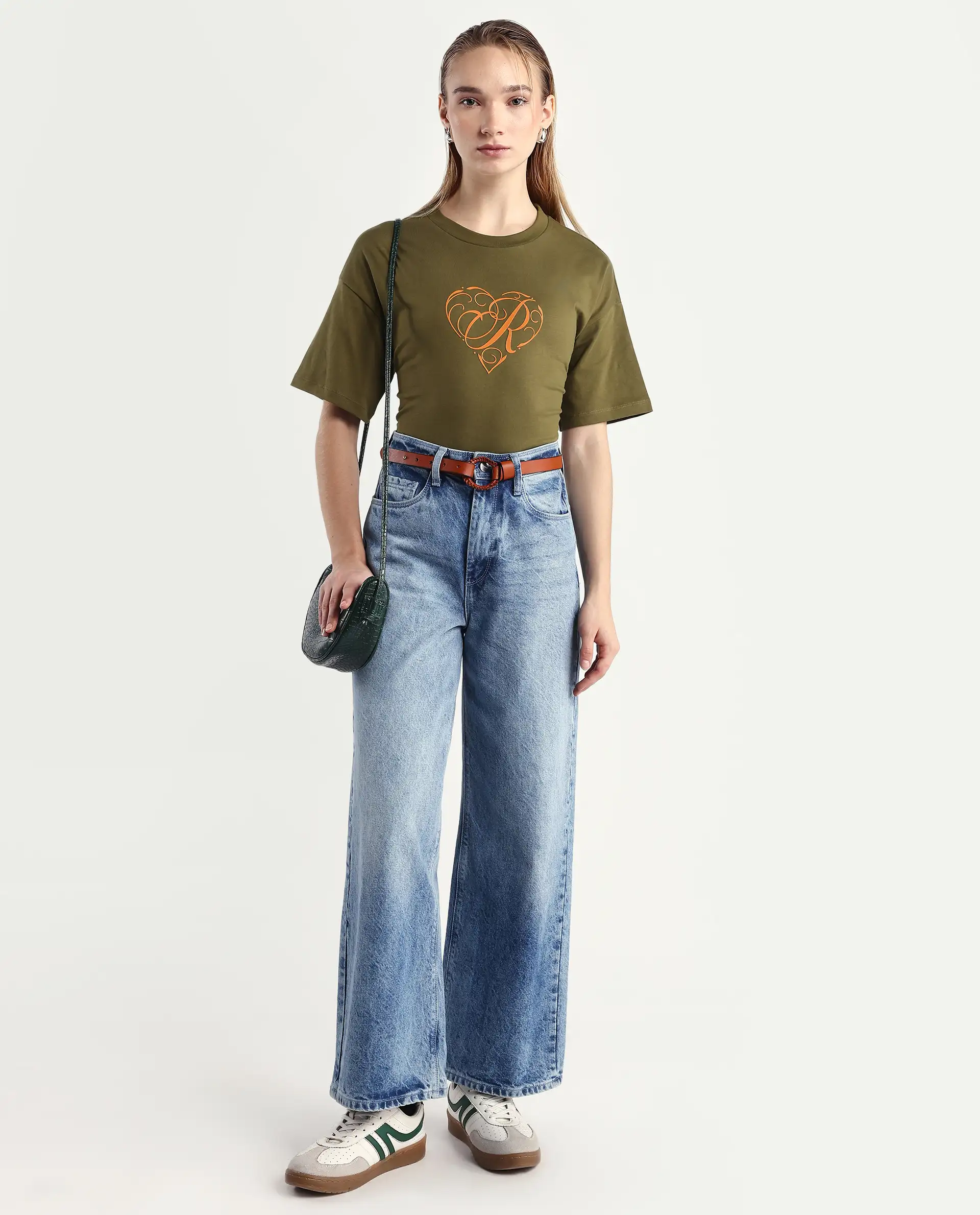 Rareism Women's Fer Dark Olive Cotton Crew Neck Relaxed Fit T-Shirt - Image 2