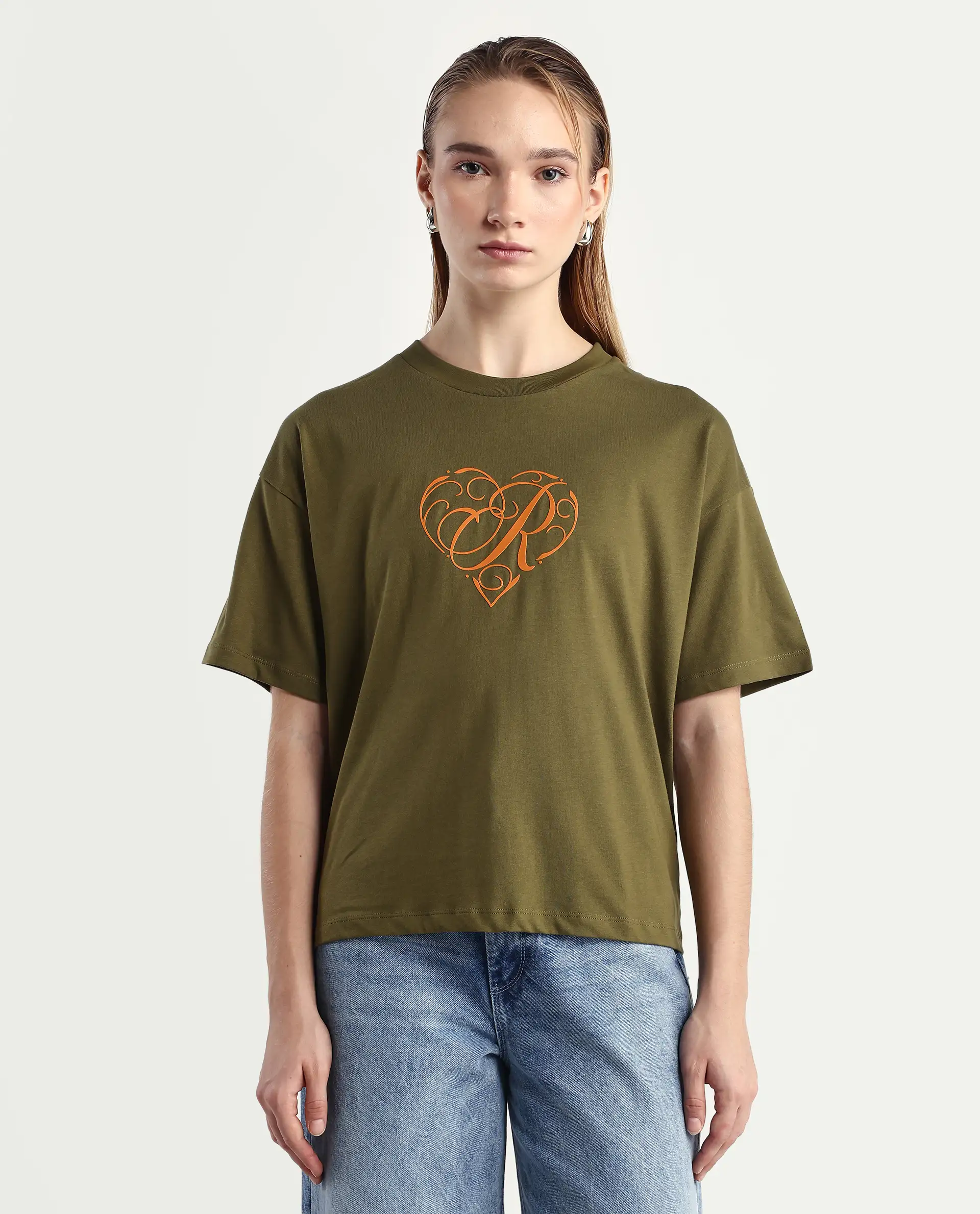 Rareism Women's Fer Dark Olive Cotton Crew Neck Relaxed Fit T-Shirt - Image 3