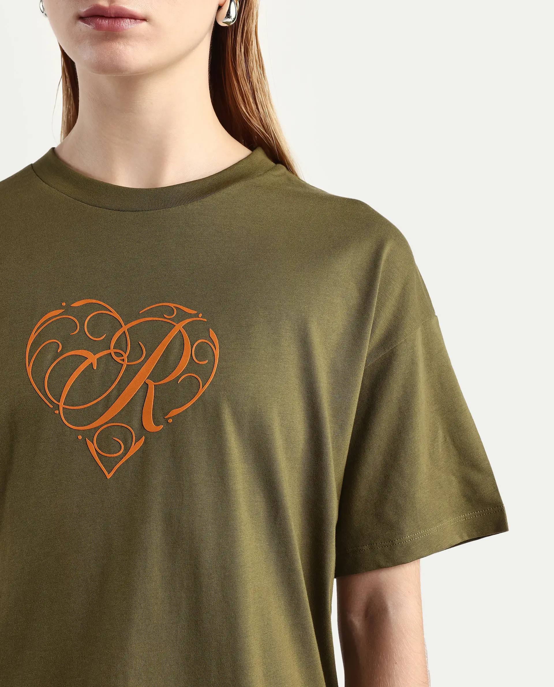Rareism Women's Fer Dark Olive Cotton Crew Neck Relaxed Fit T-Shirt - Image 4