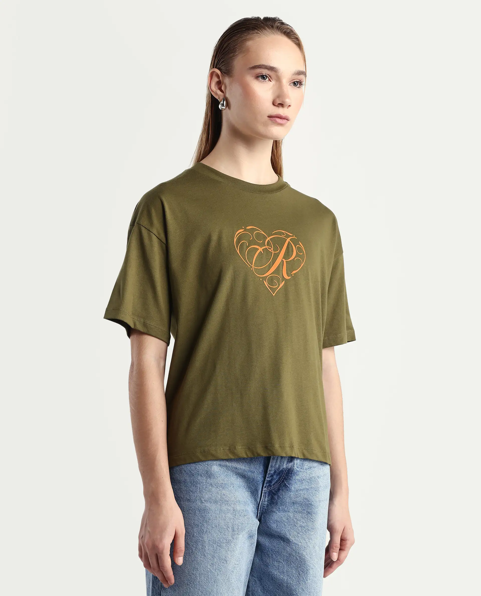 Rareism Women's Fer Dark Olive Cotton Crew Neck Relaxed Fit T-Shirt - Image 5