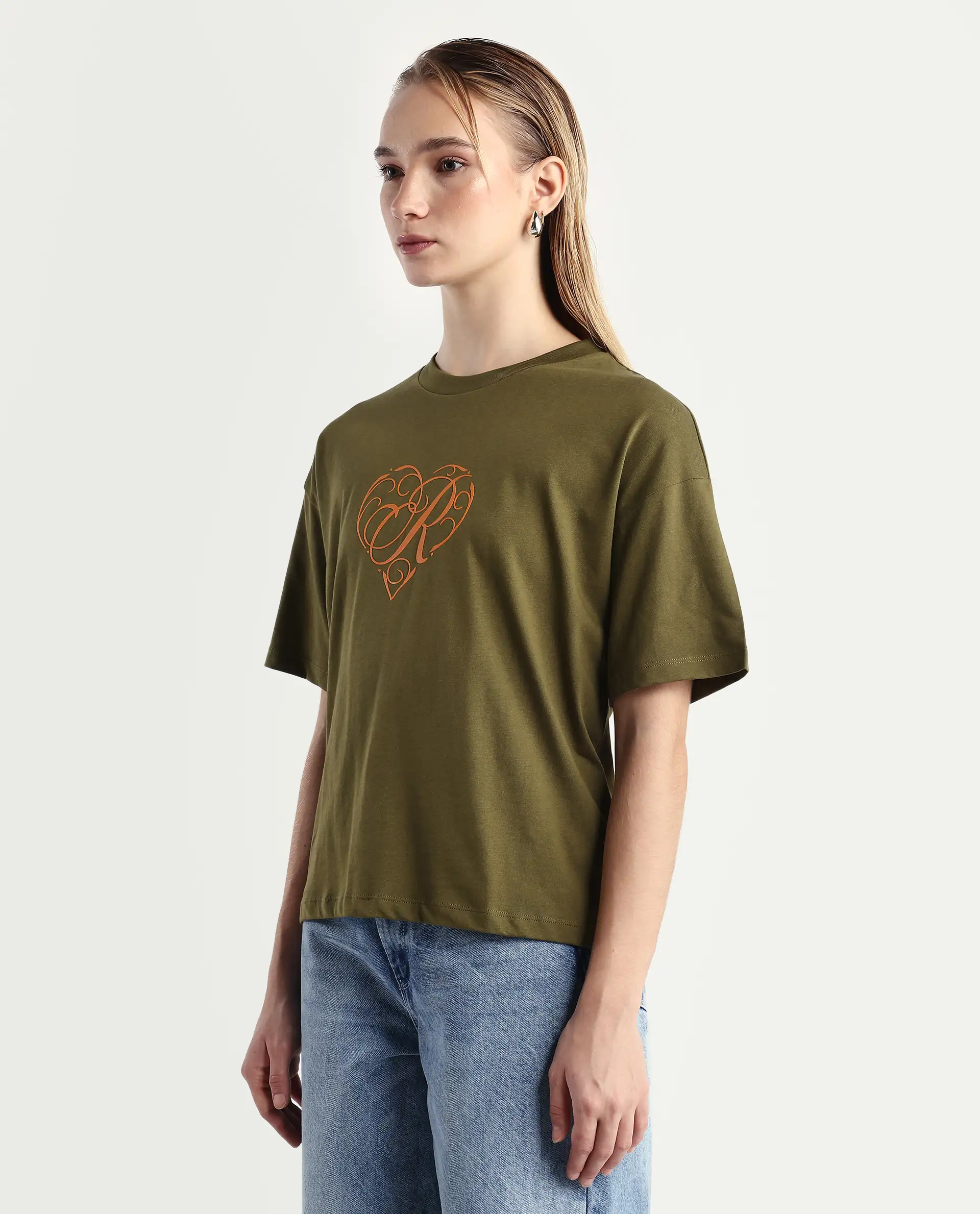 Rareism Women's Fer Dark Olive Cotton Crew Neck Relaxed Fit T-Shirt - Image 6