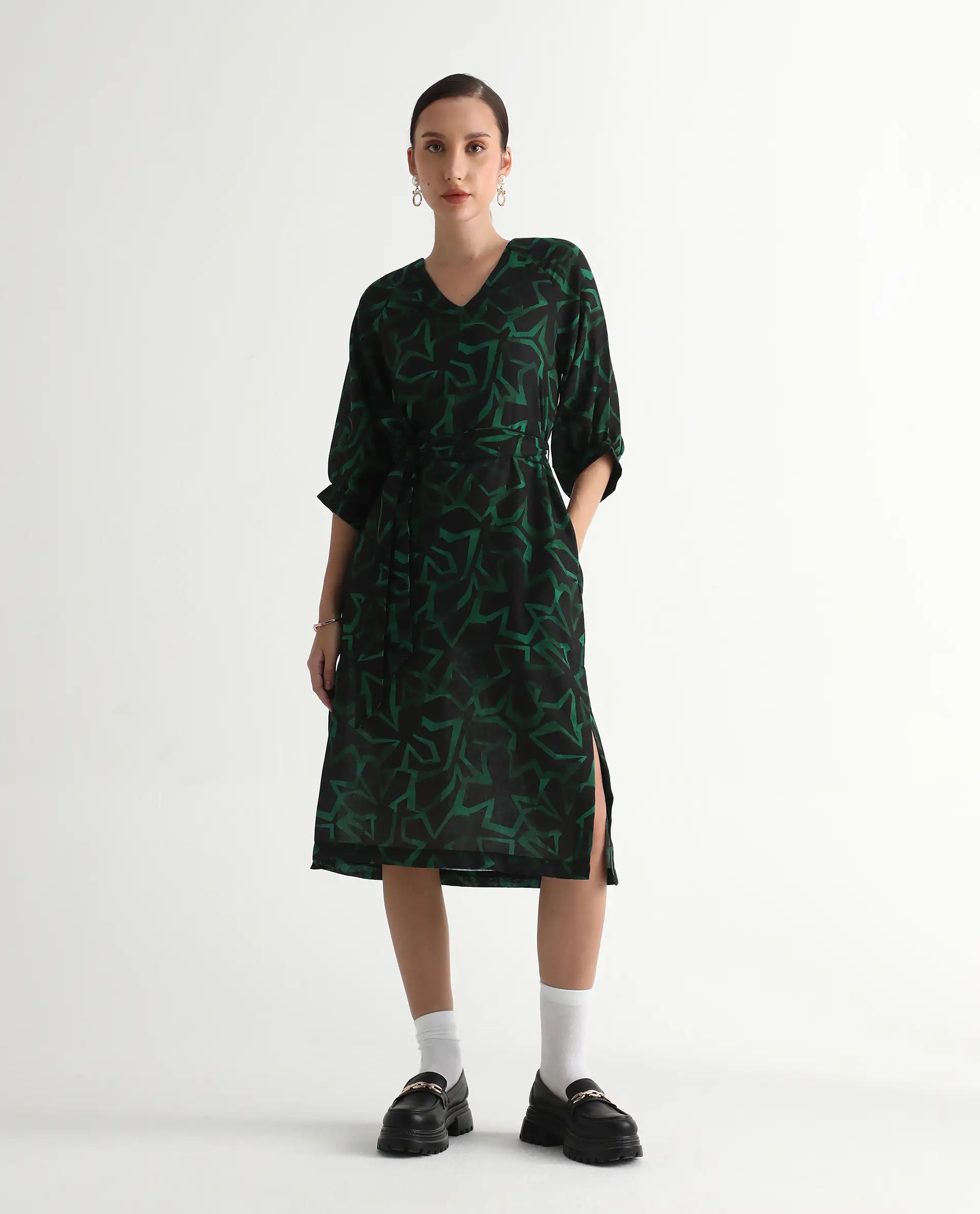 Rareism Women's Feray Dark Black Linen V-Neck Geometric Print Bishop Sleeve Midi A-Line Dress - Image 2