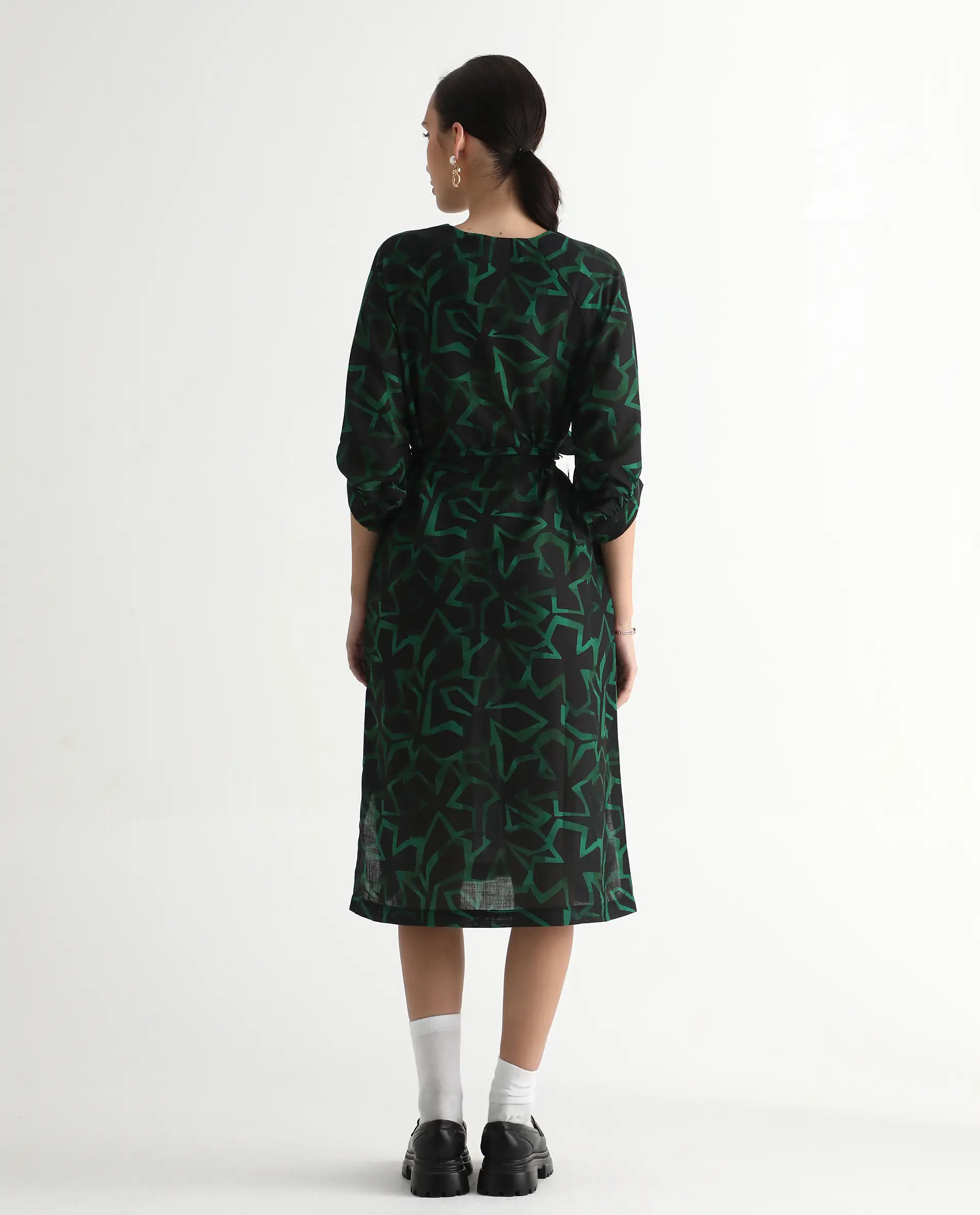 Rareism Women's Feray Dark Black Linen V-Neck Geometric Print Bishop Sleeve Midi A-Line Dress - Image 8