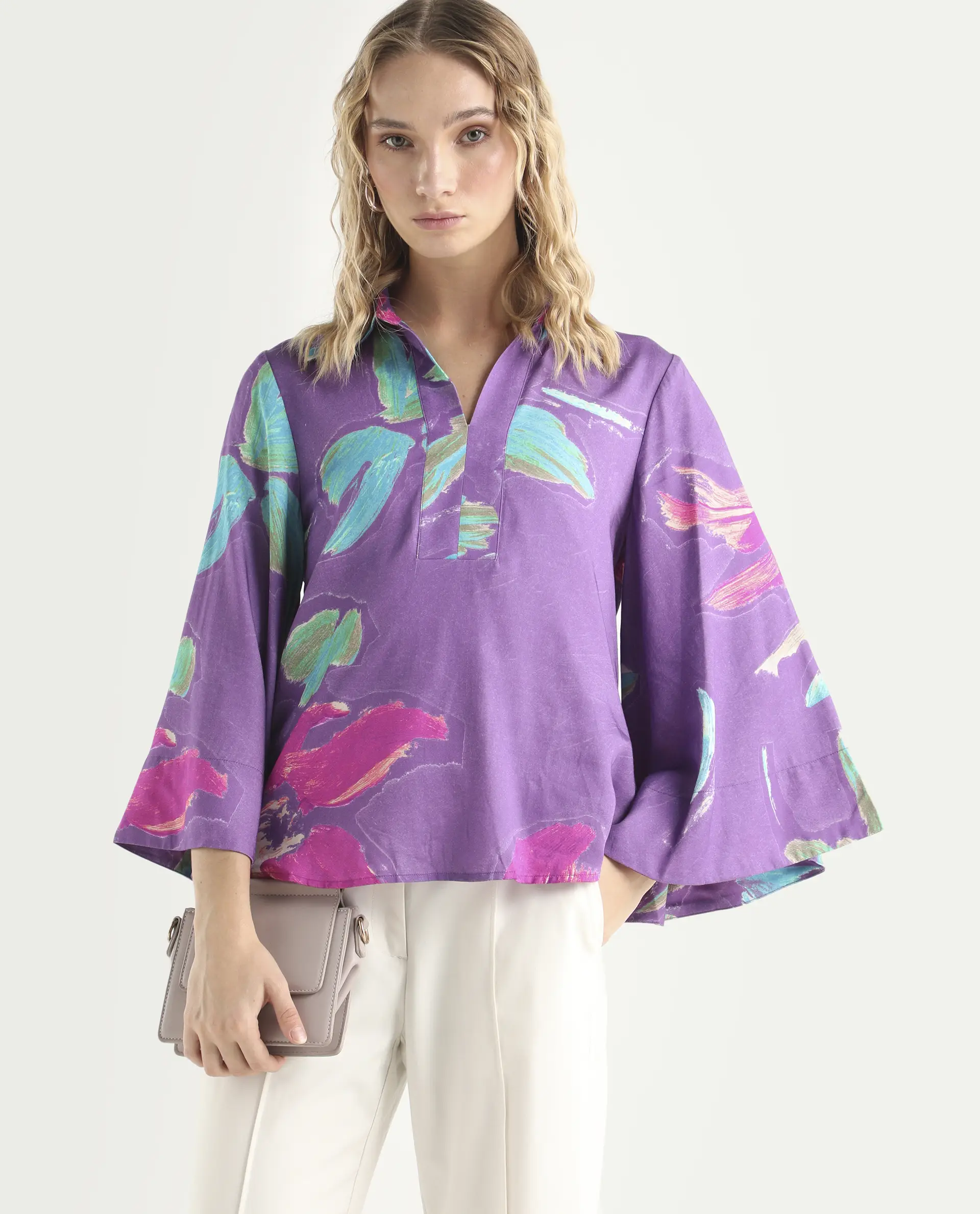 Rareism Women's Ferguson Light Purple Cotton Spread Collar Abstract Print Flared Sleeve Tailored Top