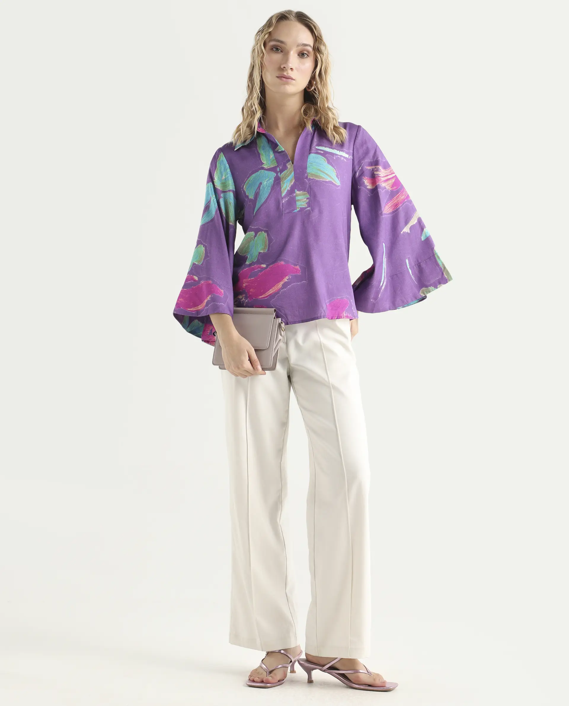 Rareism Women's Ferguson Light Purple Cotton Spread Collar Abstract Print Flared Sleeve Tailored Top - Image 2