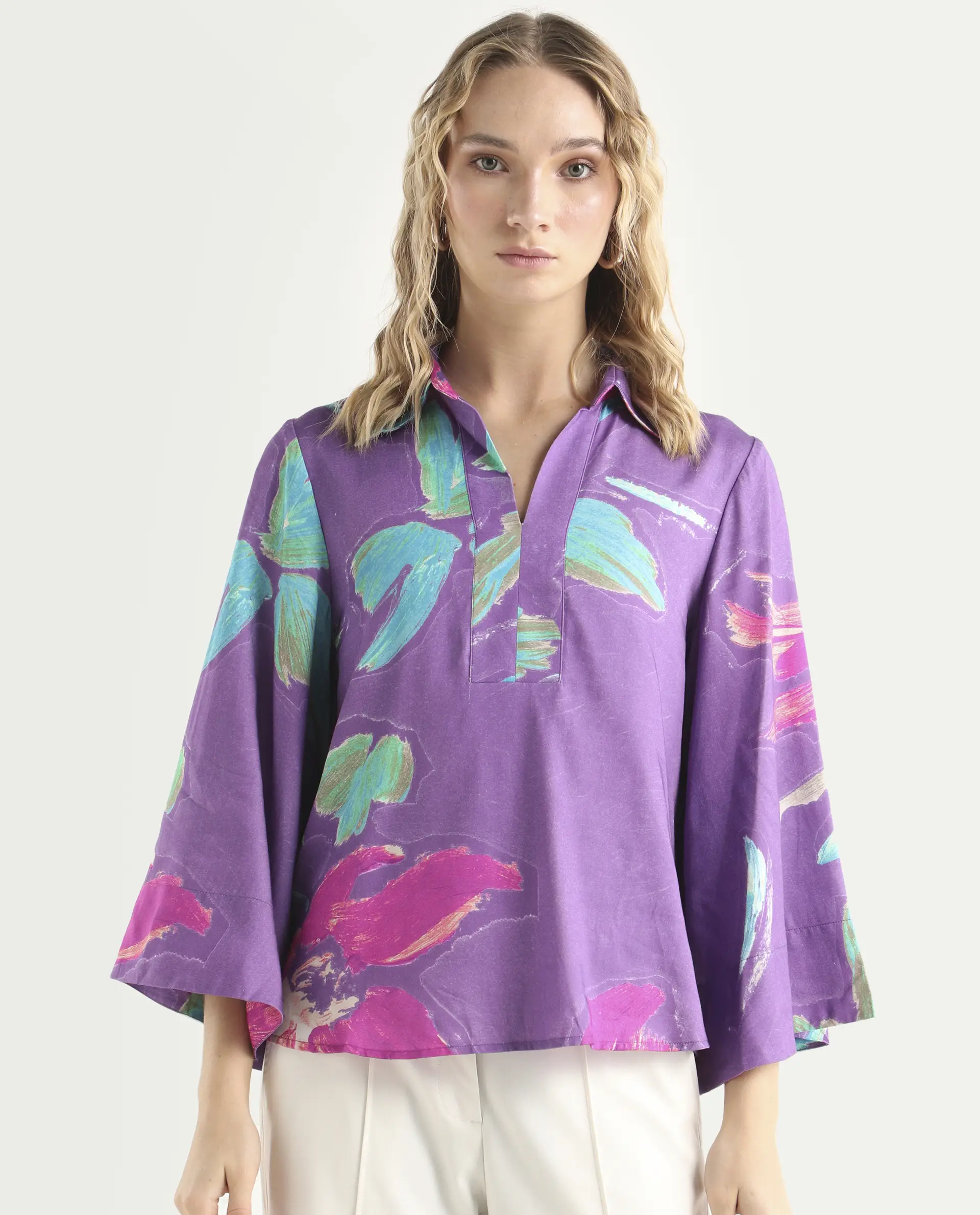 Rareism Women's Ferguson Light Purple Cotton Spread Collar Abstract Print Flared Sleeve Tailored Top - Image 3
