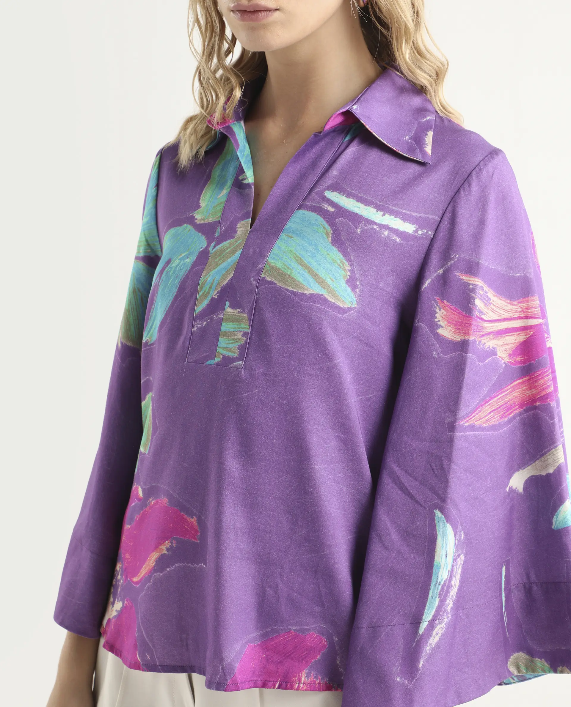 Rareism Women's Ferguson Light Purple Cotton Spread Collar Abstract Print Flared Sleeve Tailored Top - Image 4