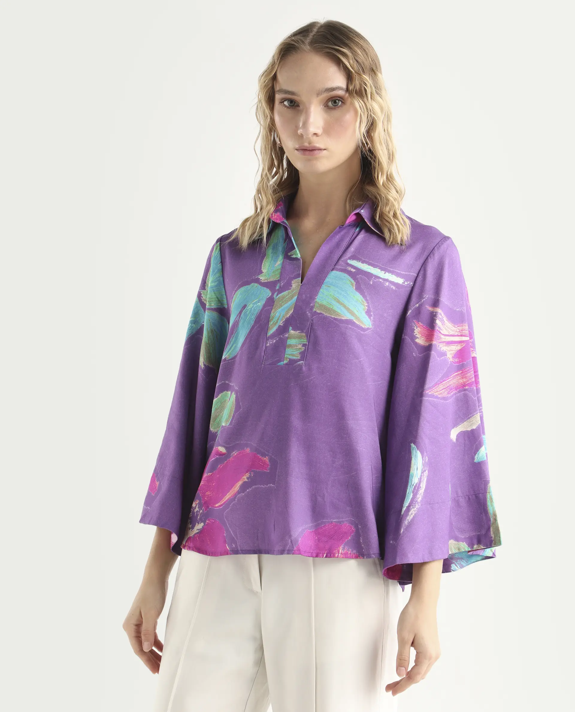 Rareism Women's Ferguson Light Purple Cotton Spread Collar Abstract Print Flared Sleeve Tailored Top - Image 5