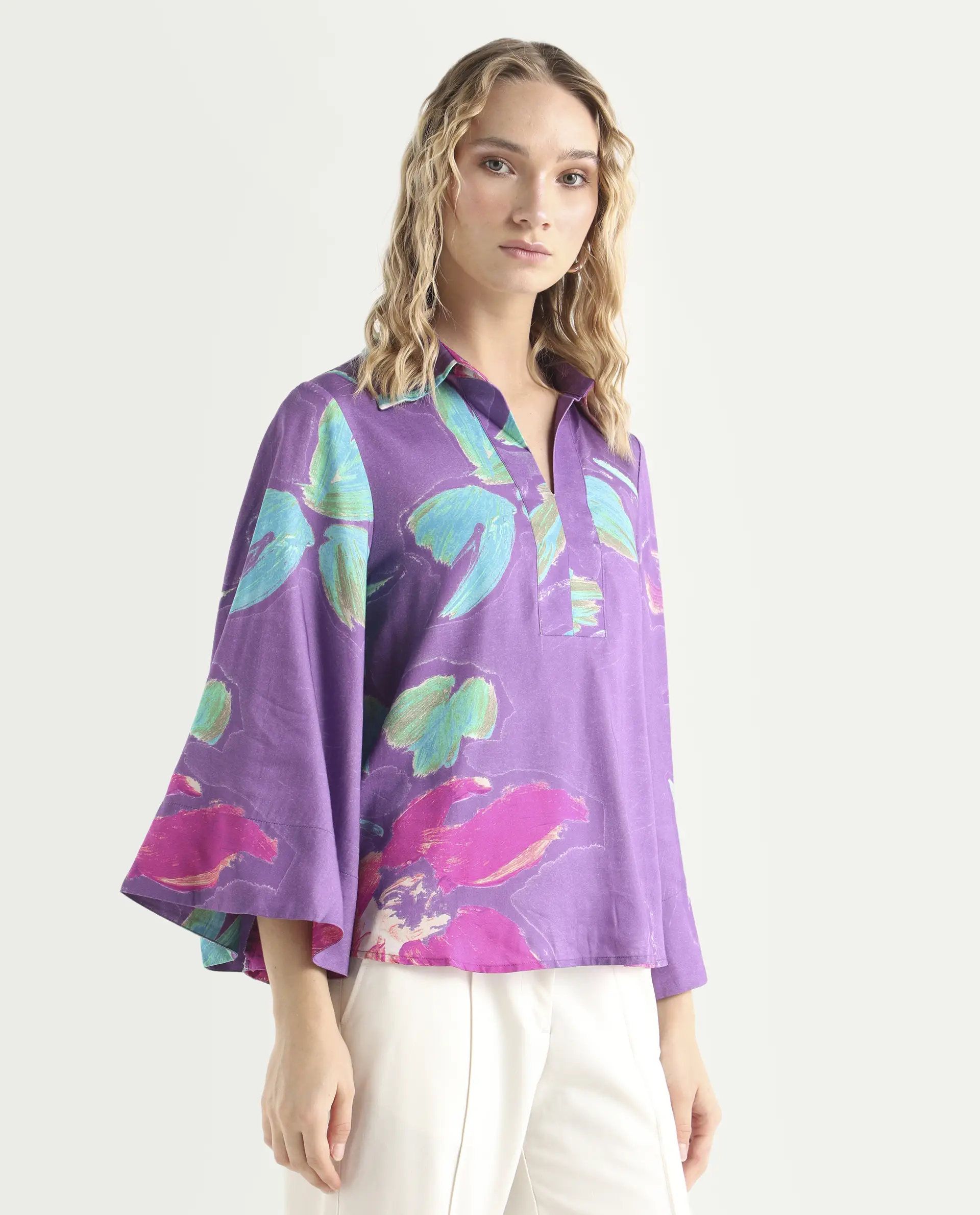 Rareism Women's Ferguson Light Purple Cotton Spread Collar Abstract Print Flared Sleeve Tailored Top - Image 6