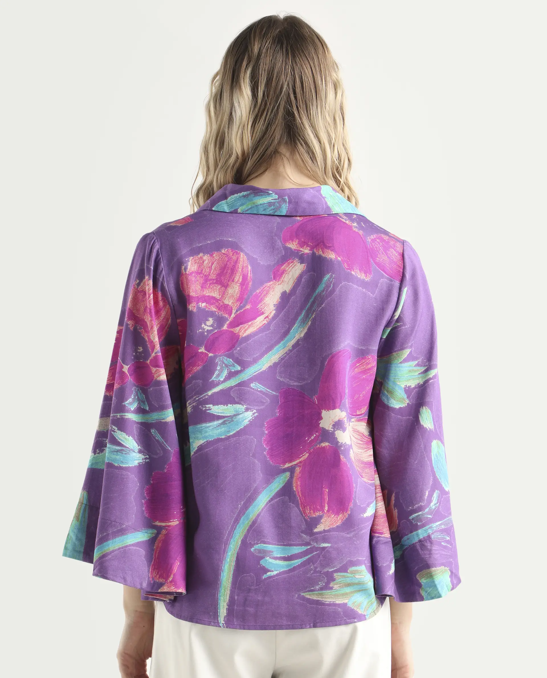 Rareism Women's Ferguson Light Purple Cotton Spread Collar Abstract Print Flared Sleeve Tailored Top - Image 7