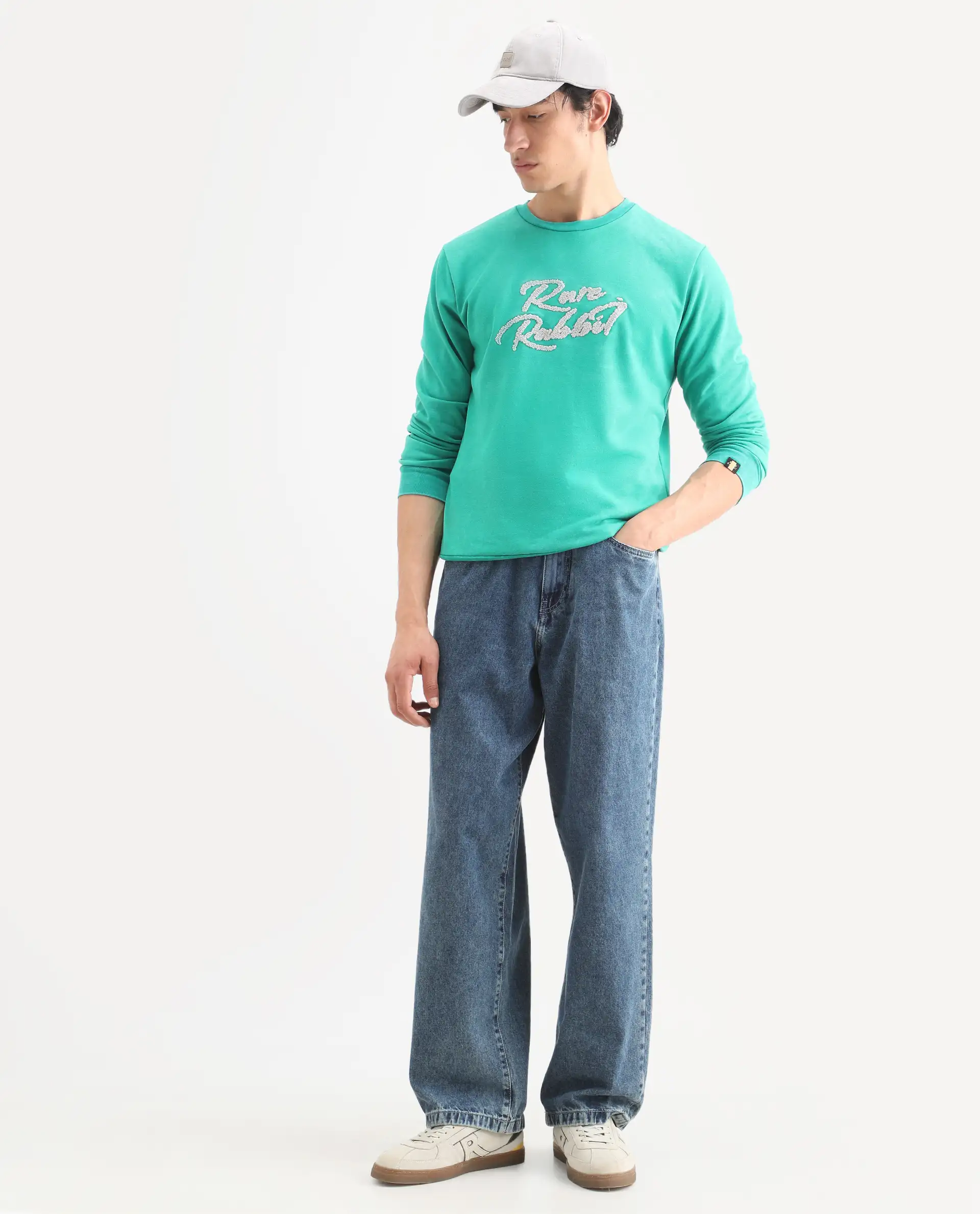 Rare Rabbit Men's Fern Green Cotton Embroidered Slim Fit Full Sleeve Crew Neck Sweatshirt - Image 2