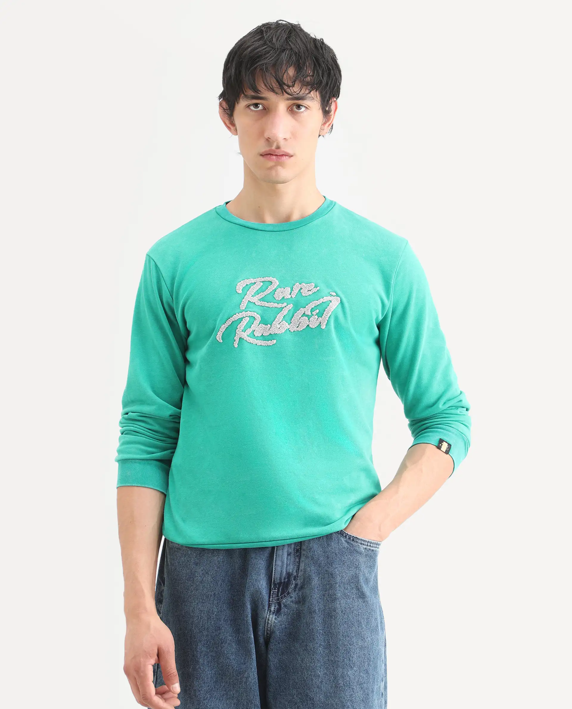 Rare Rabbit Men's Fern Green Cotton Embroidered Slim Fit Full Sleeve Crew Neck Sweatshirt - Image 3