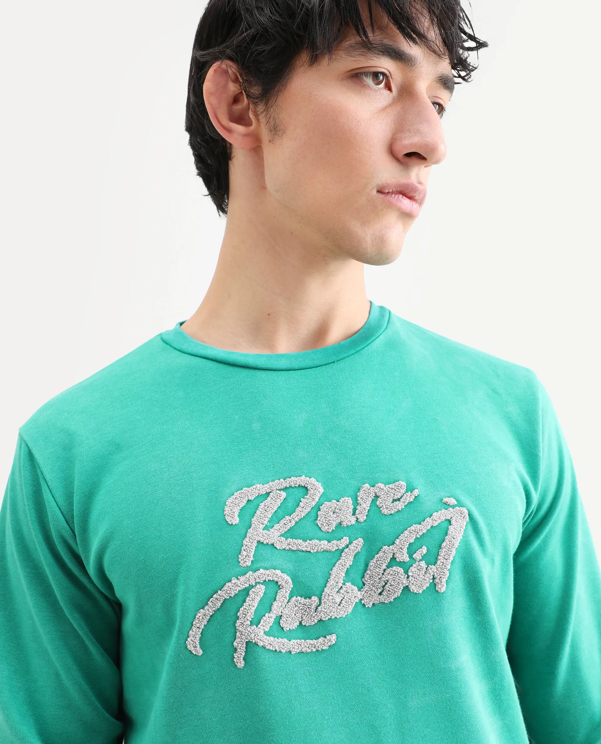 Rare Rabbit Men's Fern Green Cotton Embroidered Slim Fit Full Sleeve Crew Neck Sweatshirt - Image 4
