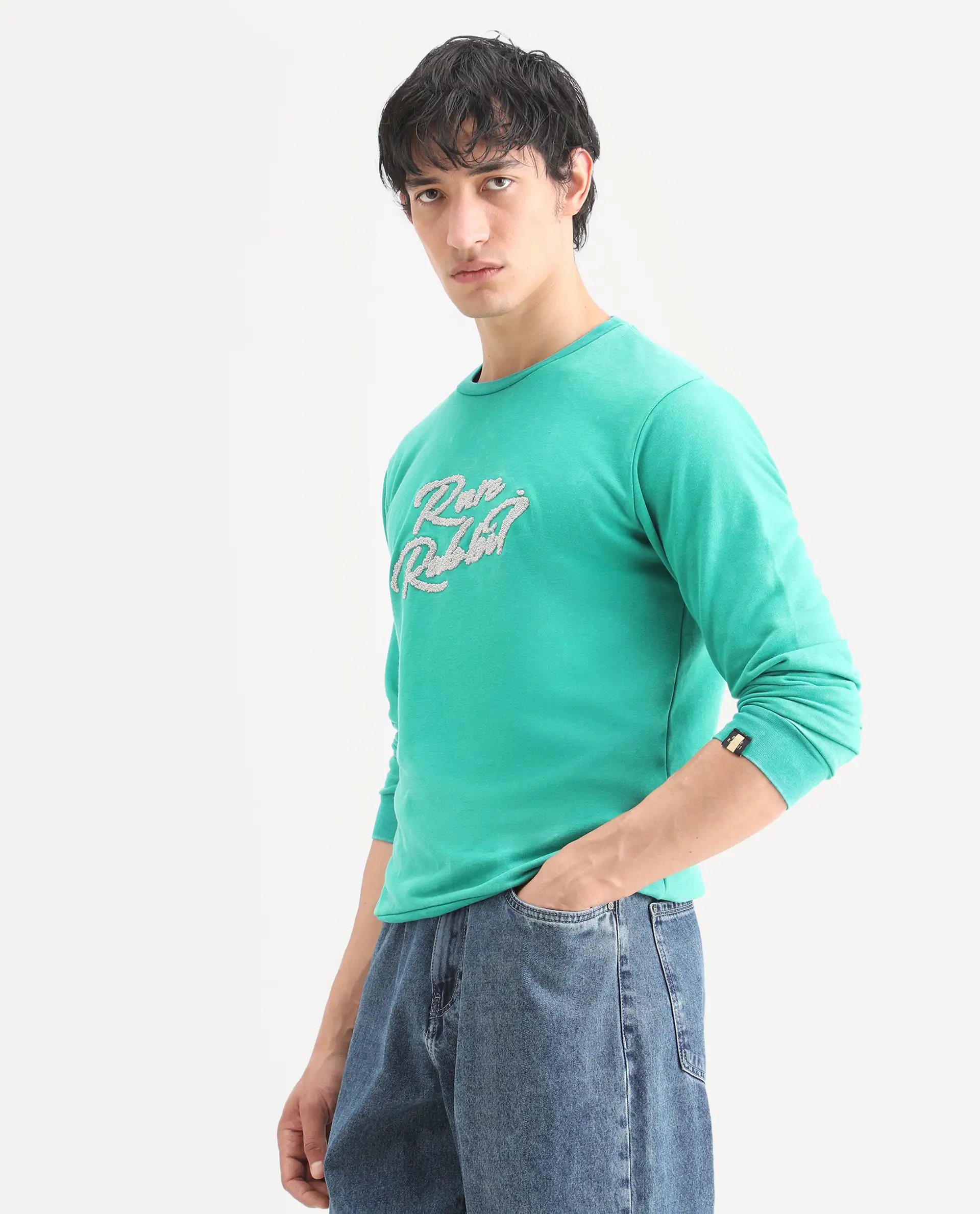 Rare Rabbit Men's Fern Green Cotton Embroidered Slim Fit Full Sleeve Crew Neck Sweatshirt - Image 5