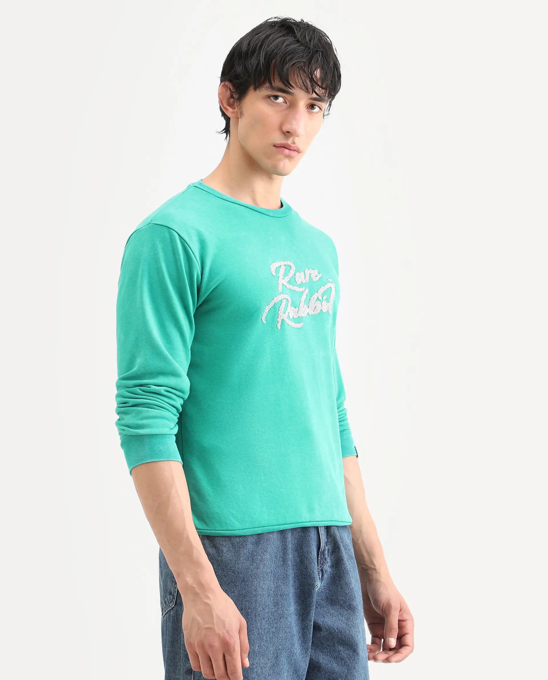 Rare Rabbit Men's Fern Green Cotton Embroidered Slim Fit Full Sleeve Crew Neck Sweatshirt - Image 6