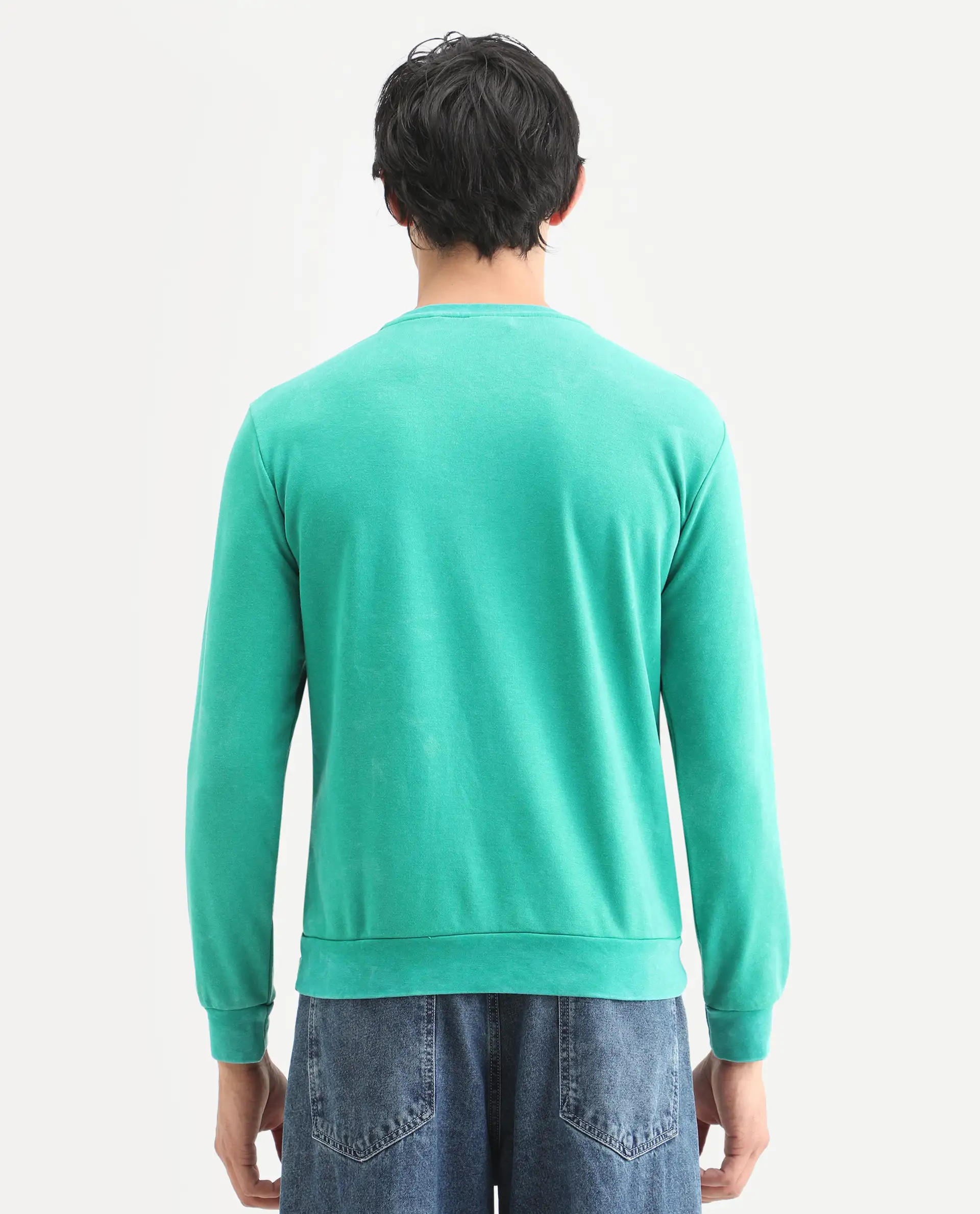 Rare Rabbit Men's Fern Green Cotton Embroidered Slim Fit Full Sleeve Crew Neck Sweatshirt - Image 7