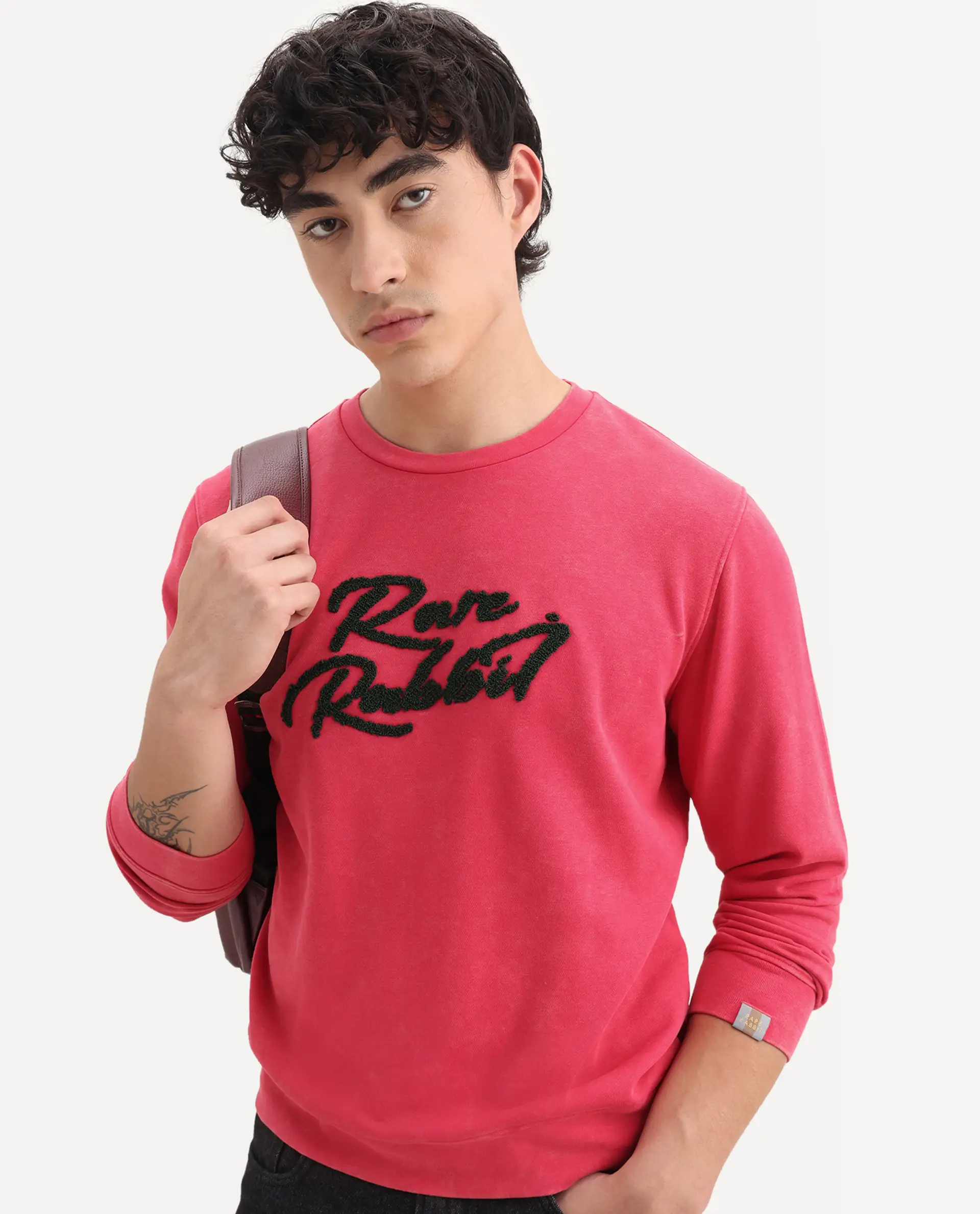 Rare Rabbit Men's Fern Red Cotton Embroidered Slim Fit Full Sleeve Crew Neck Sweatshirt