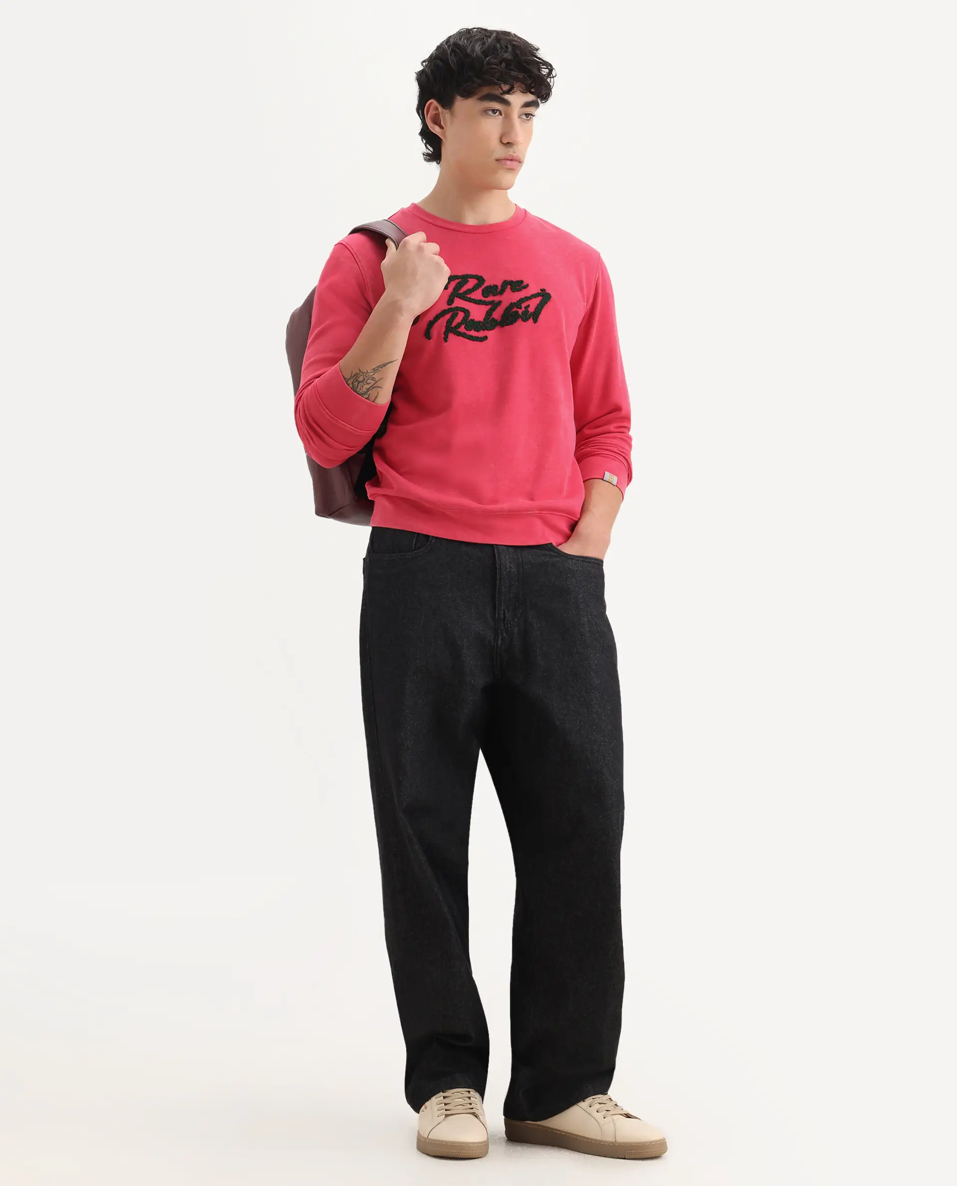 Rare Rabbit Men's Fern Red Cotton Embroidered Slim Fit Full Sleeve Crew Neck Sweatshirt - Image 2