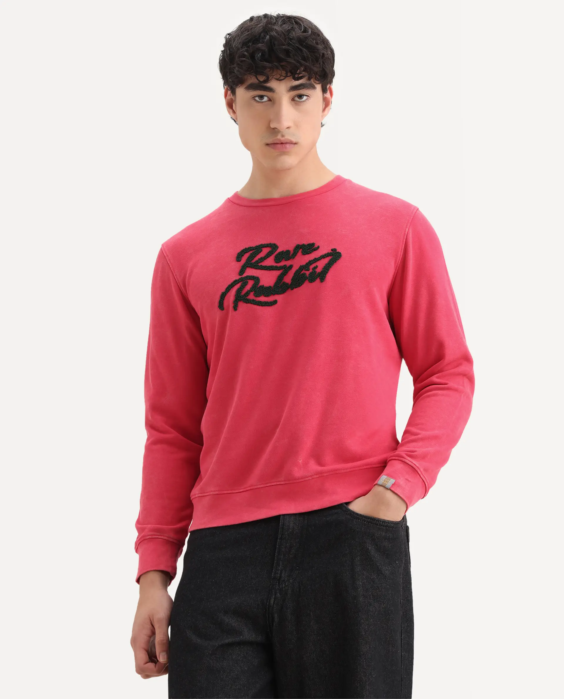 Rare Rabbit Men's Fern Red Cotton Embroidered Slim Fit Full Sleeve Crew Neck Sweatshirt - Image 4