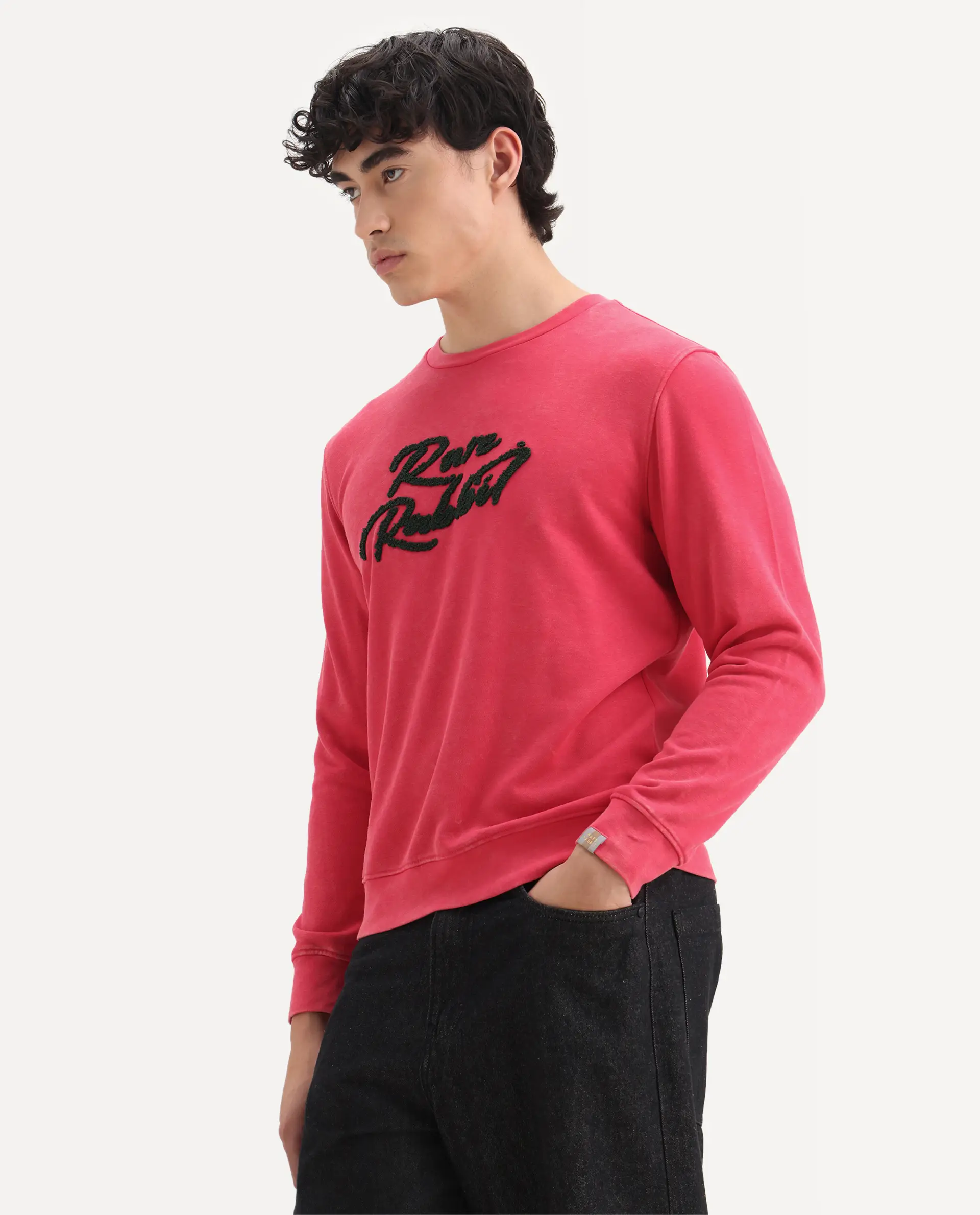 Rare Rabbit Men's Fern Red Cotton Embroidered Slim Fit Full Sleeve Crew Neck Sweatshirt - Image 5