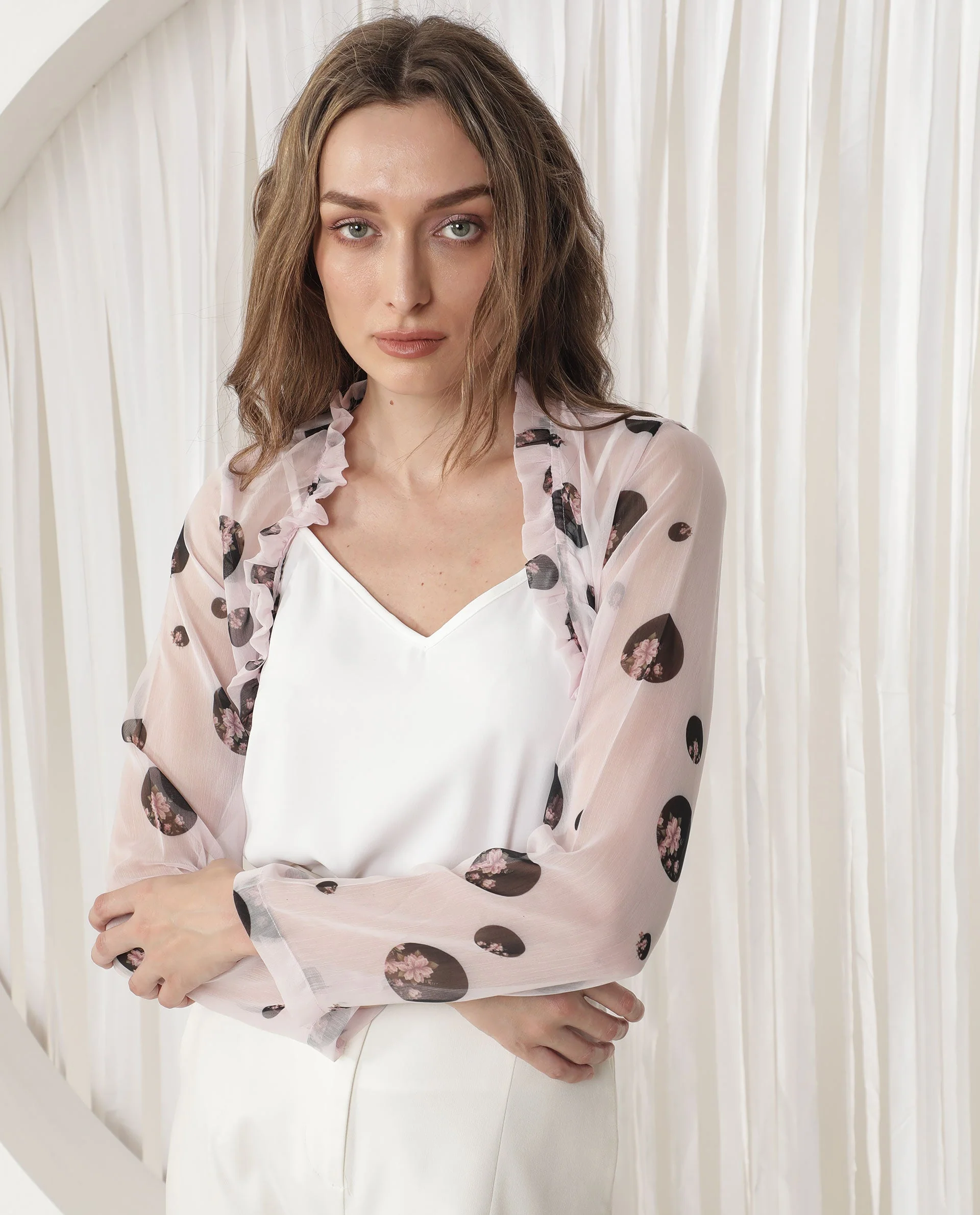 Rareism Women's Fern Pink Polyester Collarless Floral Print Regular Fit Shrug - Image 4