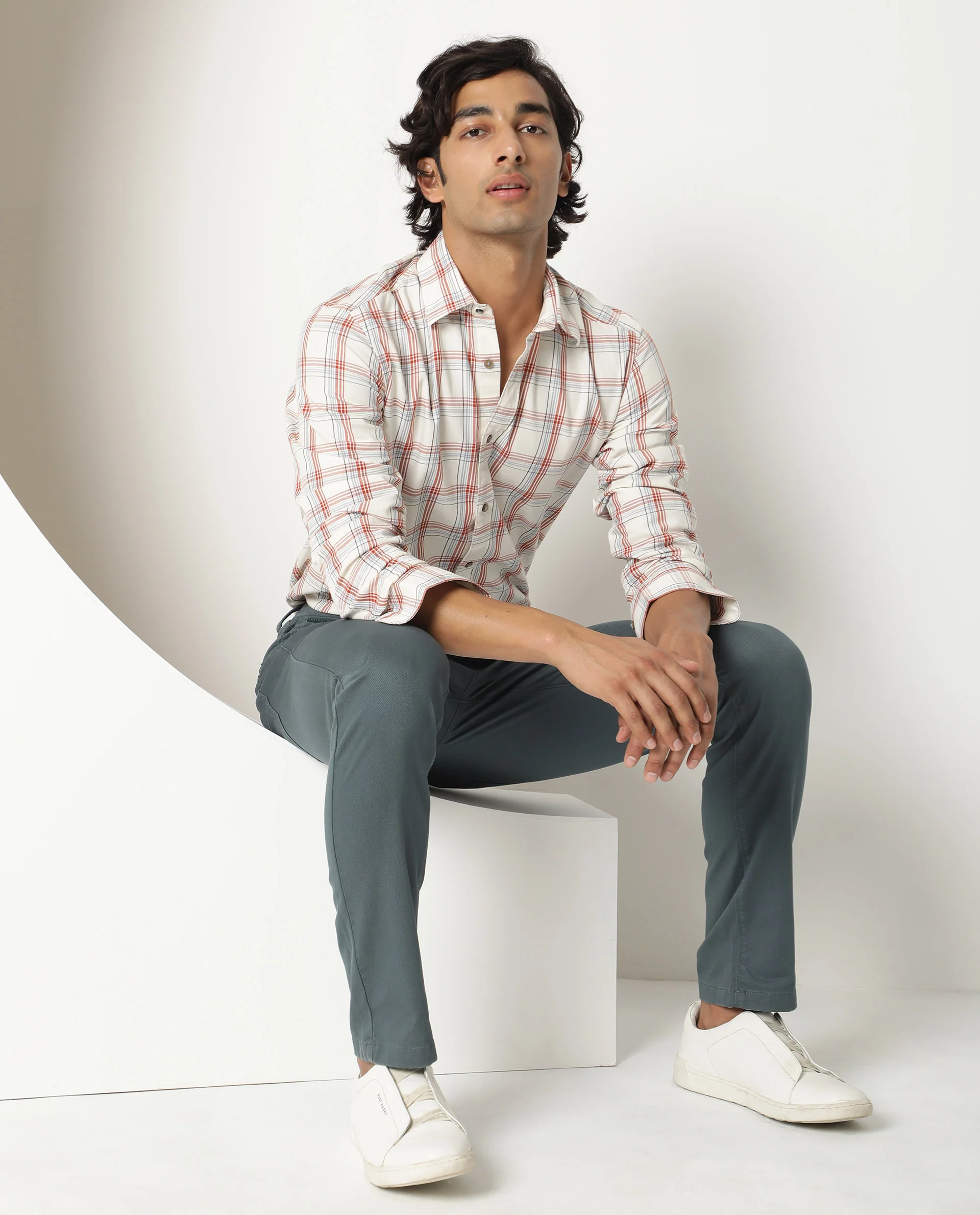 Rare Rabbit Men's Fernie Orange Cotton Checked Print Regular Fit Full Sleeve Collared Shirt
