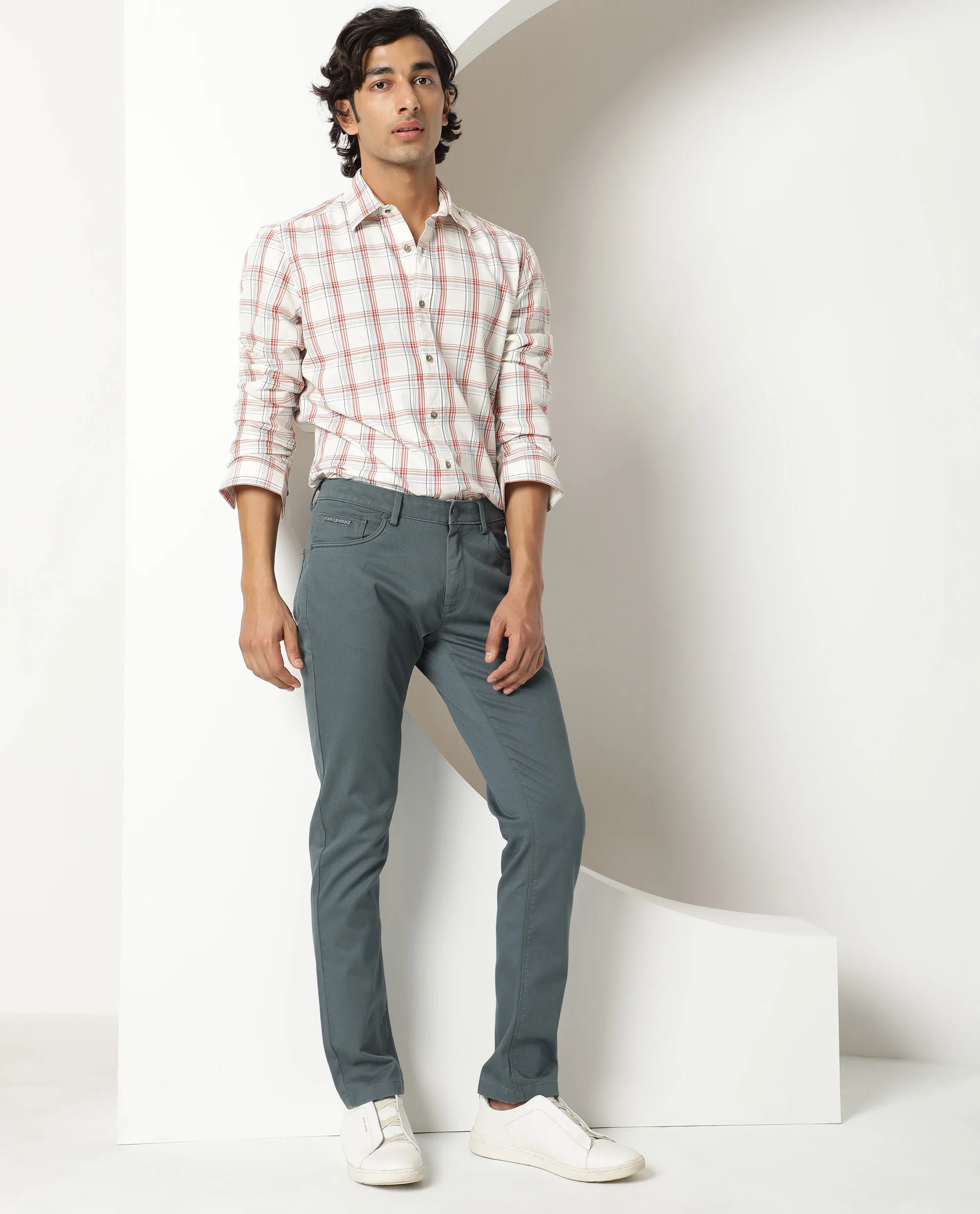 Rare Rabbit Men's Fernie Orange Cotton Checked Print Regular Fit Full Sleeve Collared Shirt - Image 2