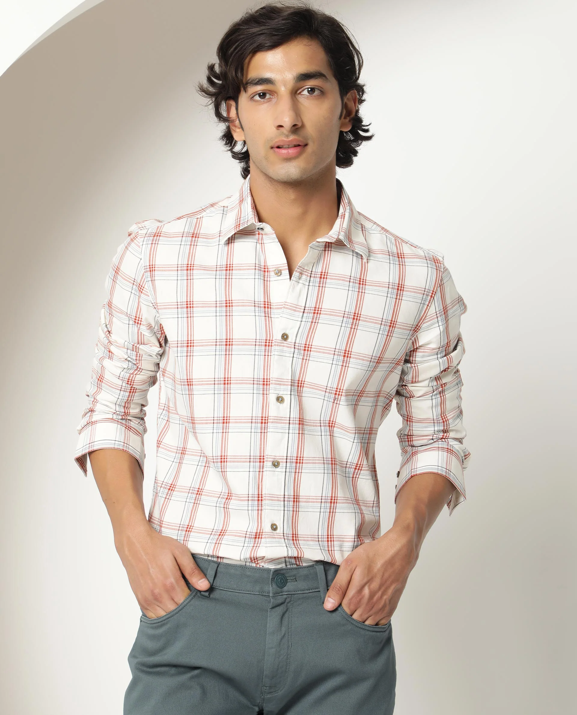 Rare Rabbit Men's Fernie Orange Cotton Checked Print Regular Fit Full Sleeve Collared Shirt - Image 3