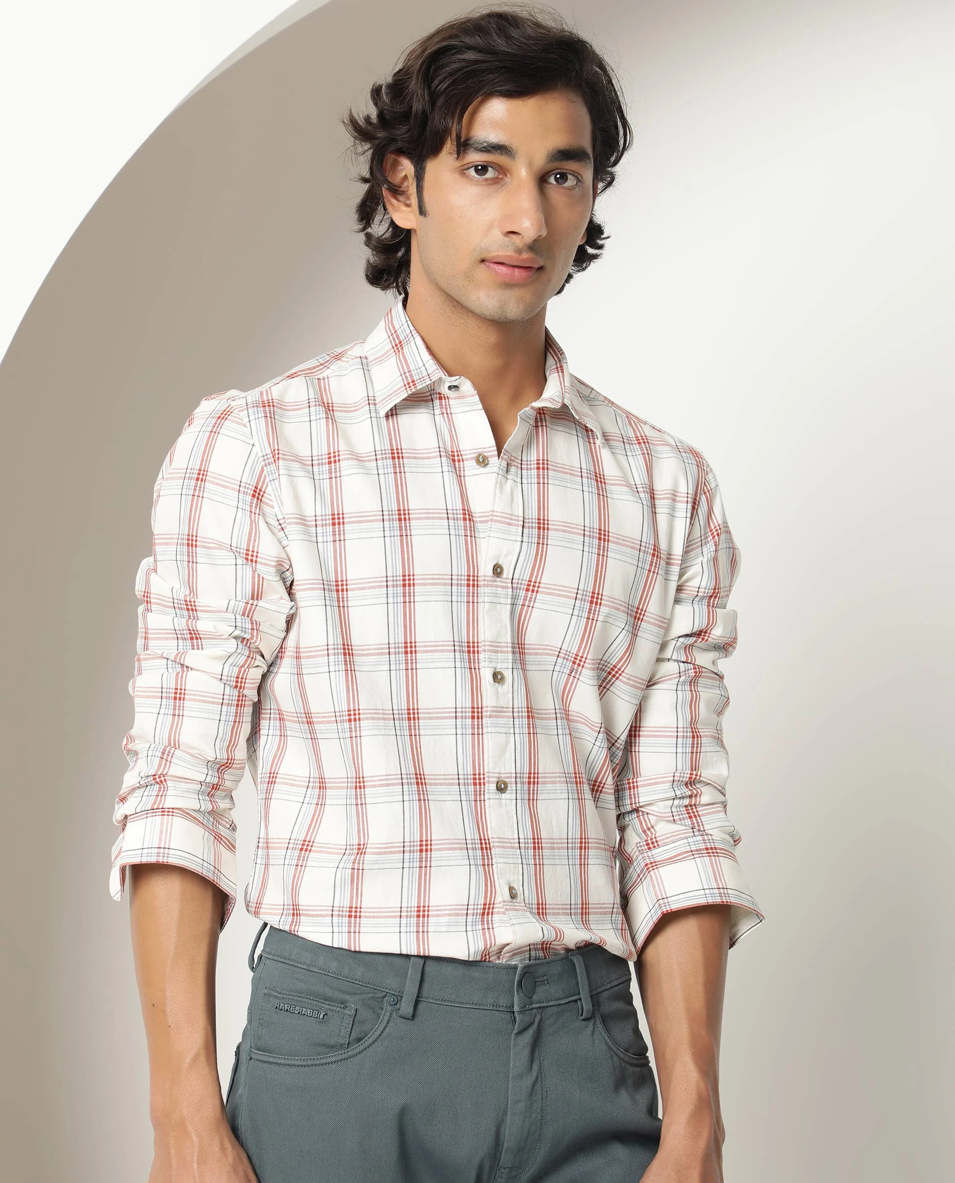 Rare Rabbit Men's Fernie Orange Cotton Checked Print Regular Fit Full Sleeve Collared Shirt - Image 5