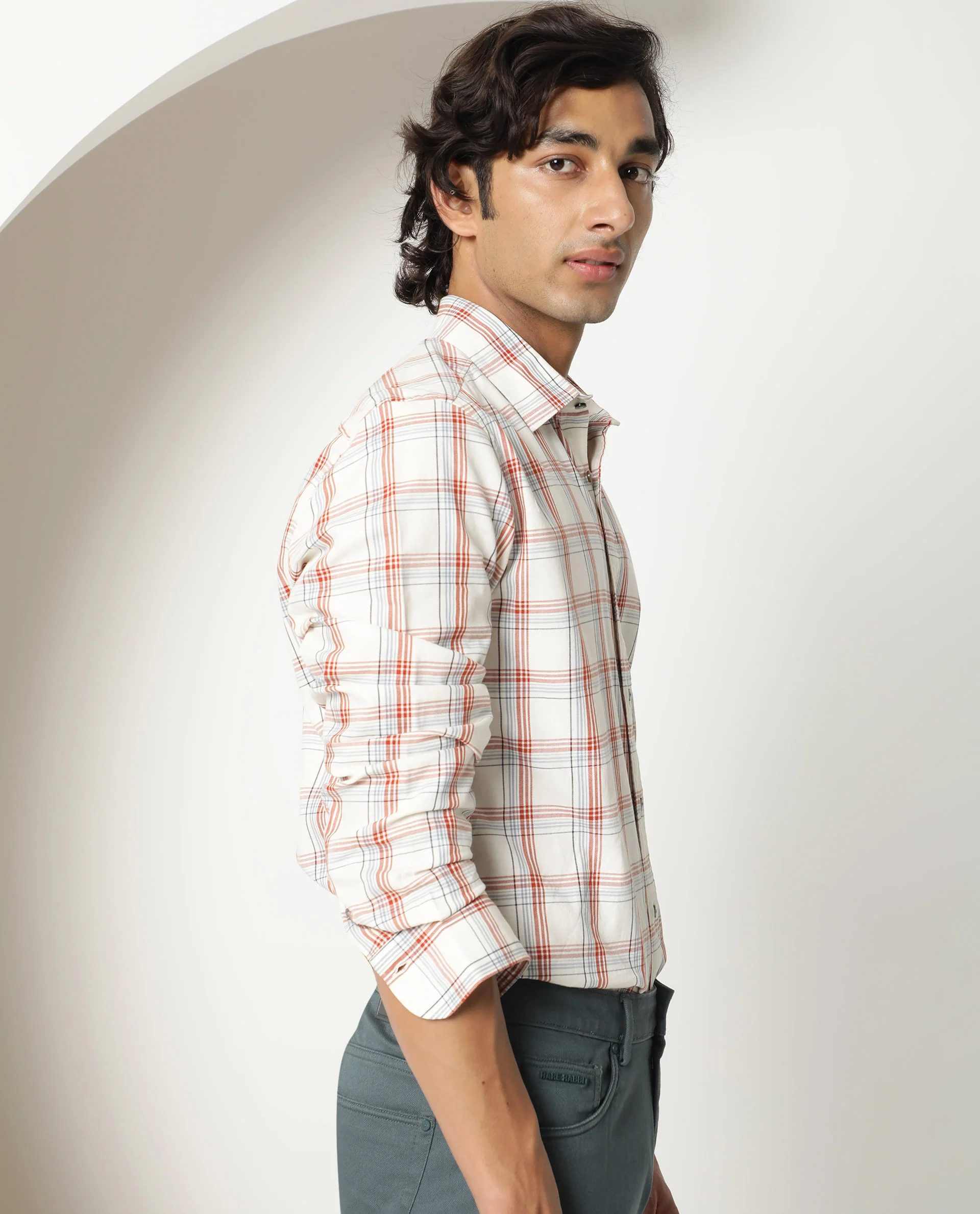 Rare Rabbit Men's Fernie Orange Cotton Checked Print Regular Fit Full Sleeve Collared Shirt - Image 6