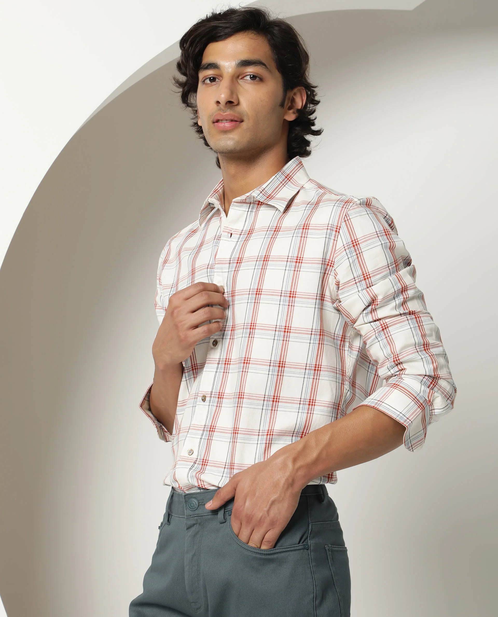 Rare Rabbit Men's Fernie Orange Cotton Checked Print Regular Fit Full Sleeve Collared Shirt - Image 7
