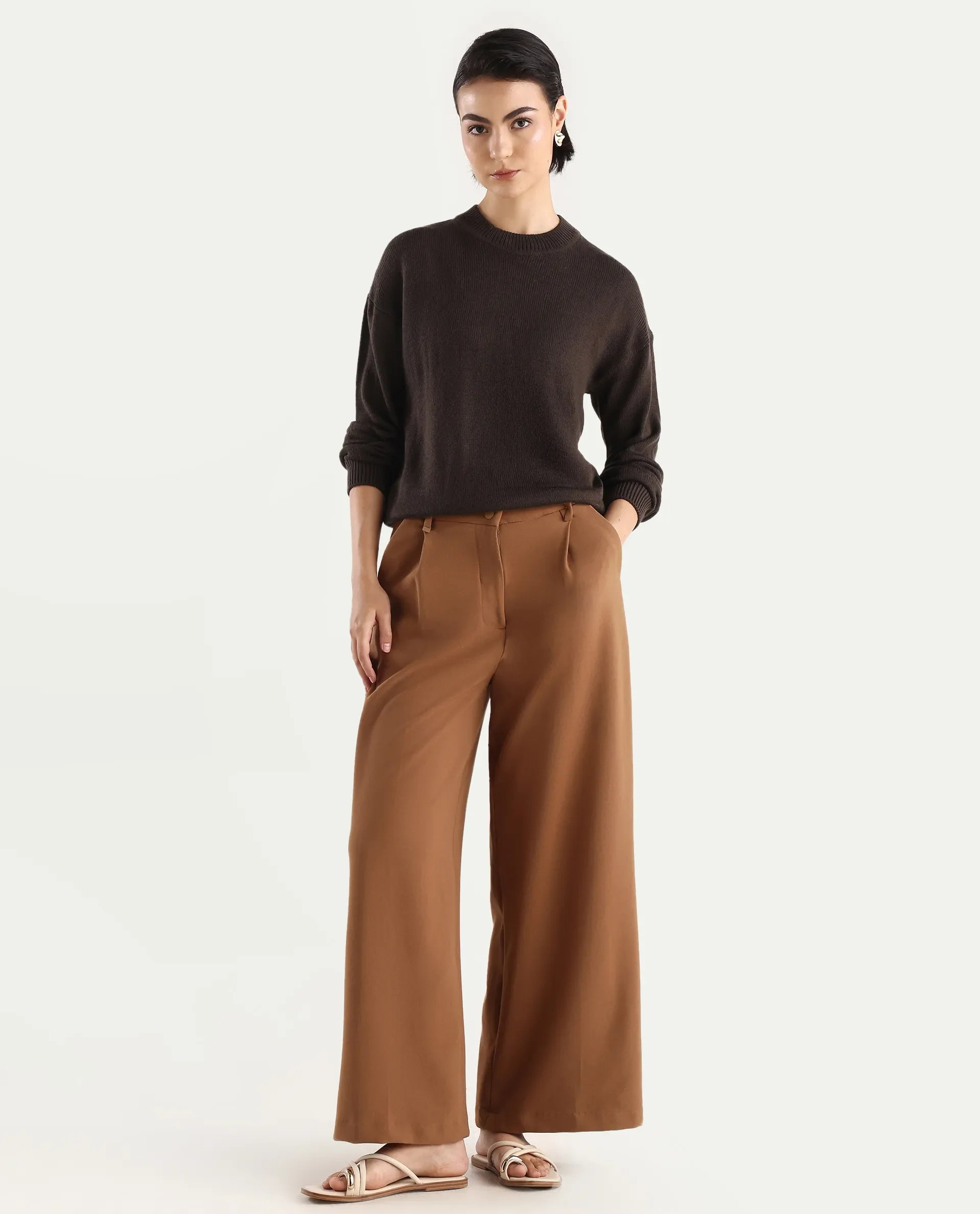 Rareism Women's Ferny Brown Acrylic Turtle Neck Plain Regular Fit Sweater - Image 2