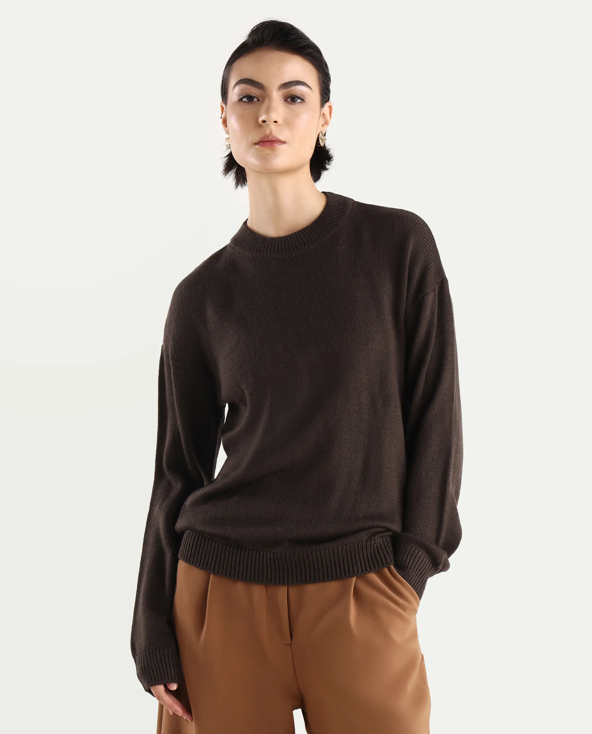 Rareism Women's Ferny Brown Acrylic Turtle Neck Plain Regular Fit Sweater - Image 3