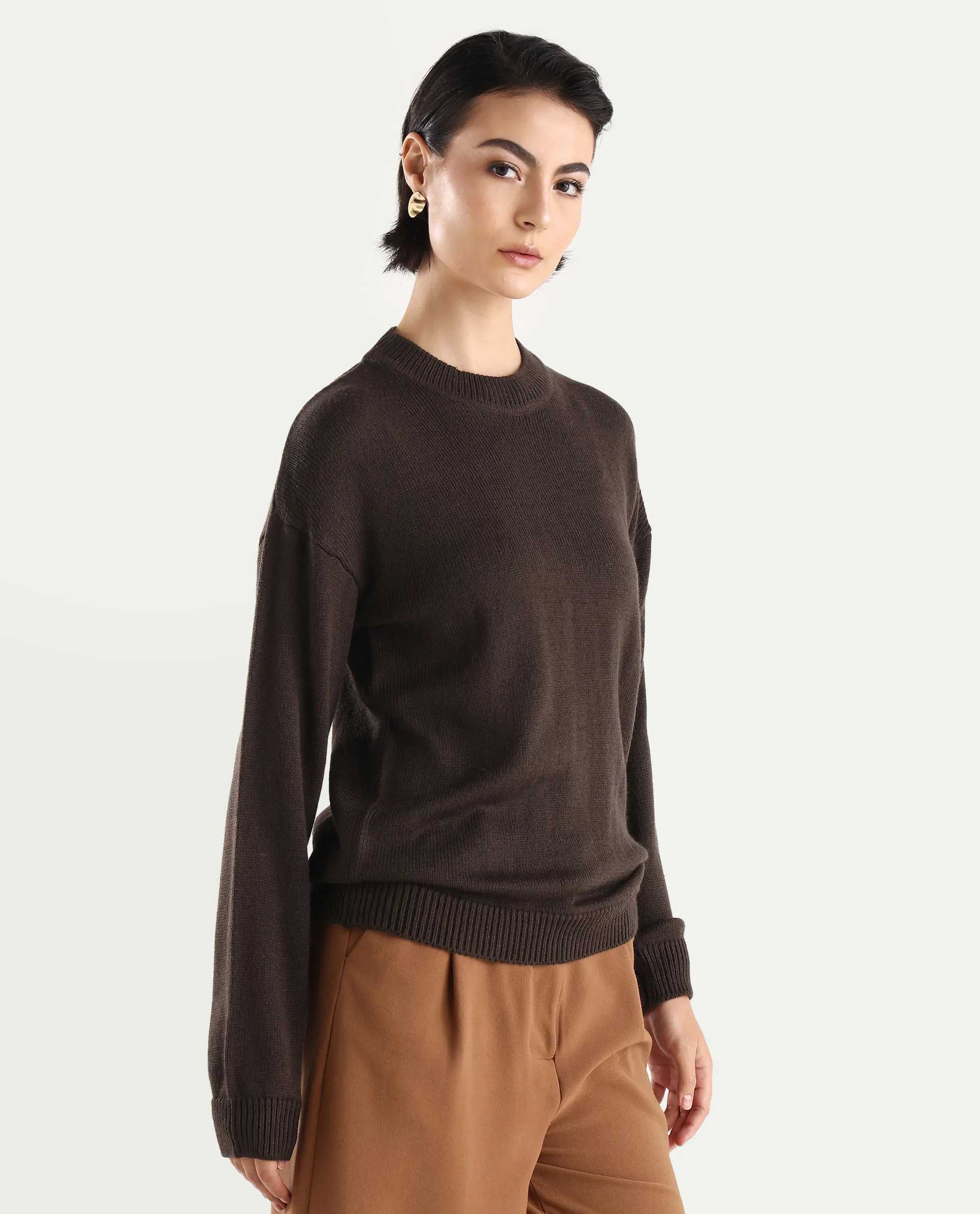 Rareism Women's Ferny Brown Acrylic Turtle Neck Plain Regular Fit Sweater - Image 8