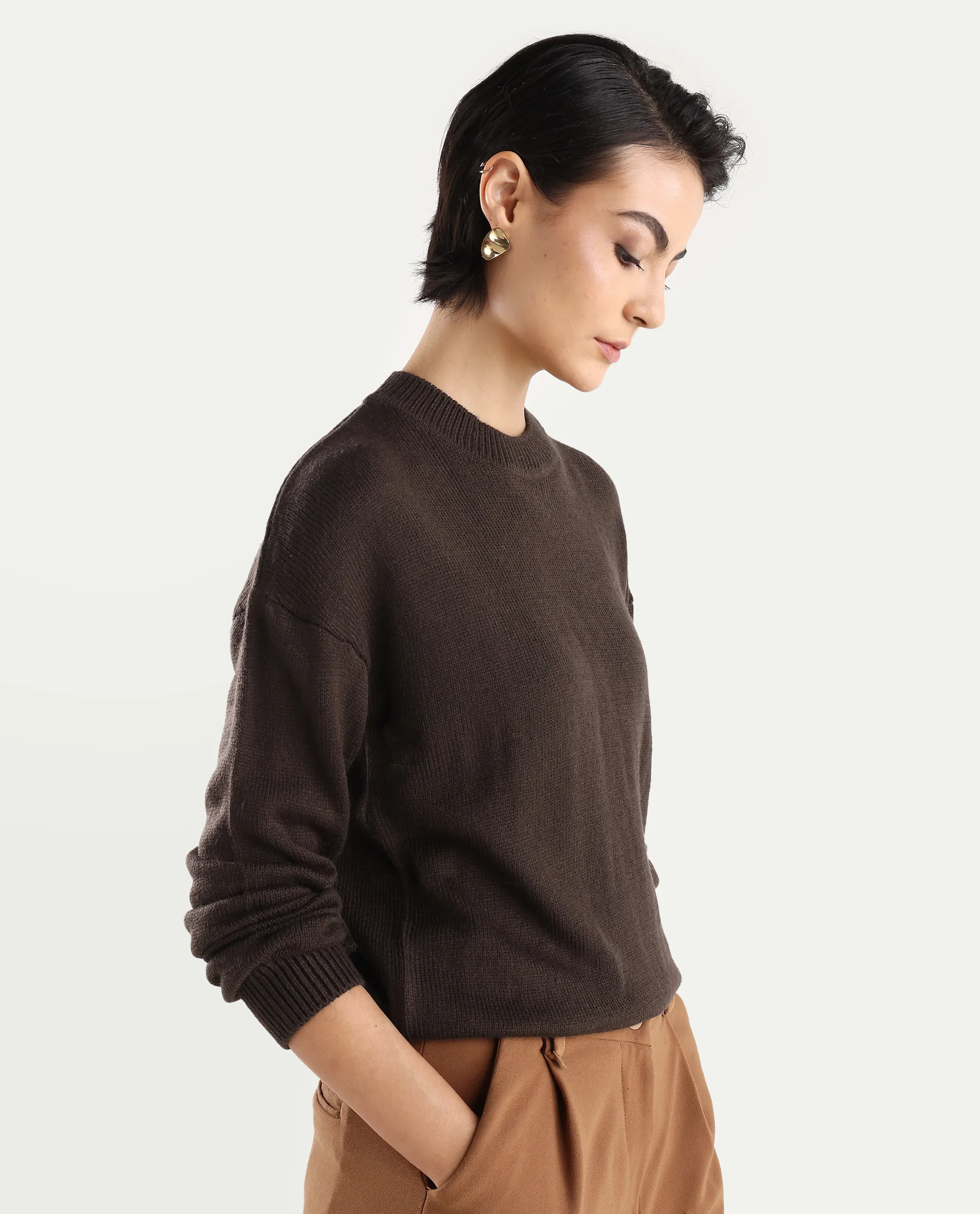 Rareism Women's Ferny Brown Acrylic Turtle Neck Plain Regular Fit Sweater - Image 9
