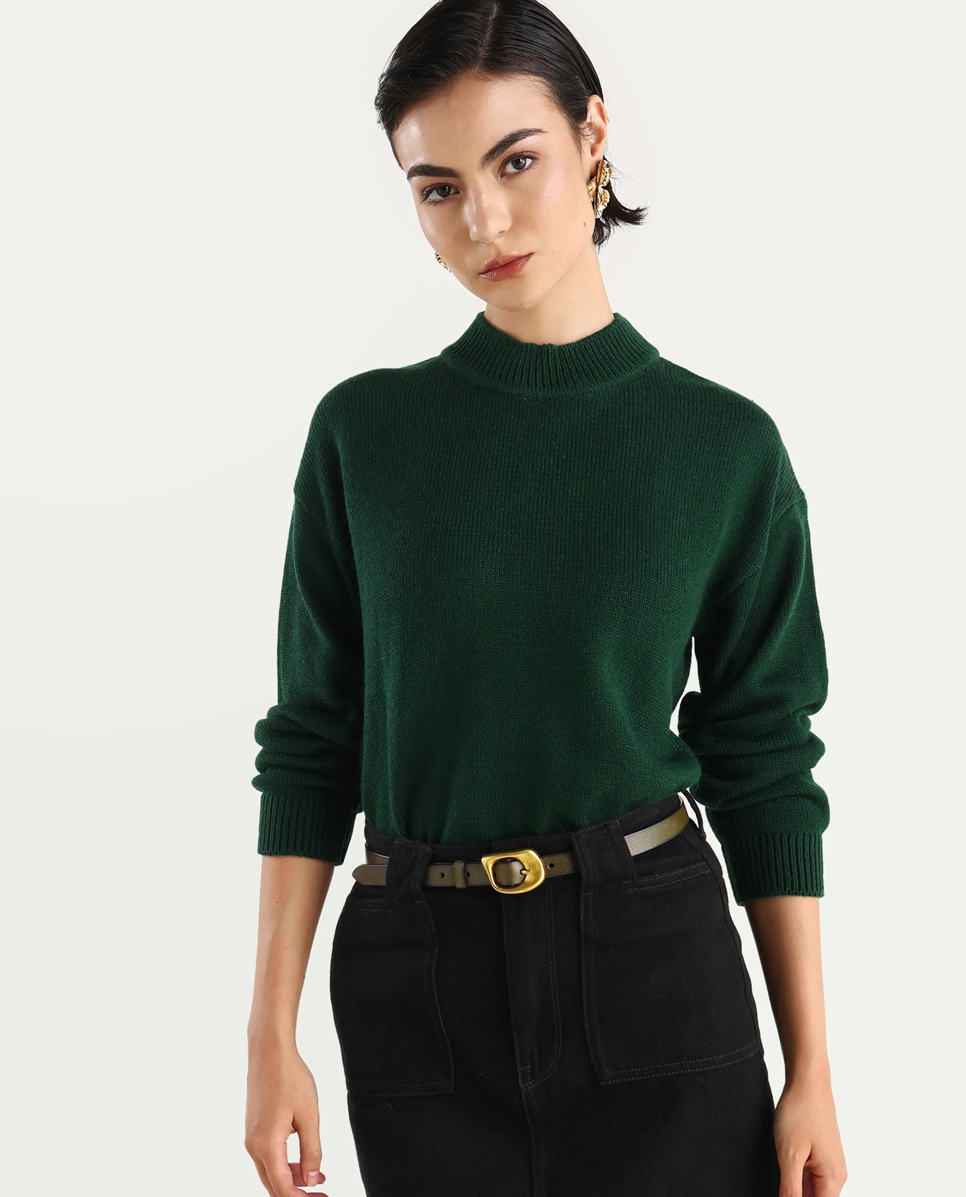 Rareism Women's Ferny Green Acrylic Turtle Neck Plain Regular Fit Sweater