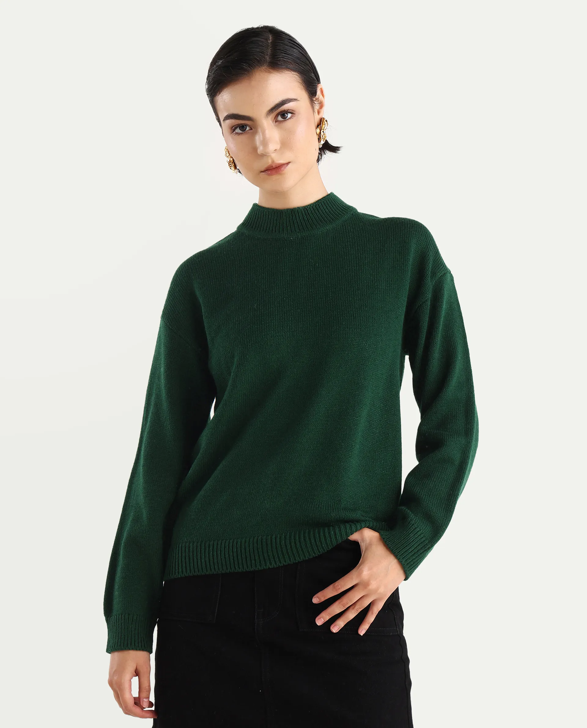 Rareism Women's Ferny Green Acrylic Turtle Neck Plain Regular Fit Sweater - Image 3