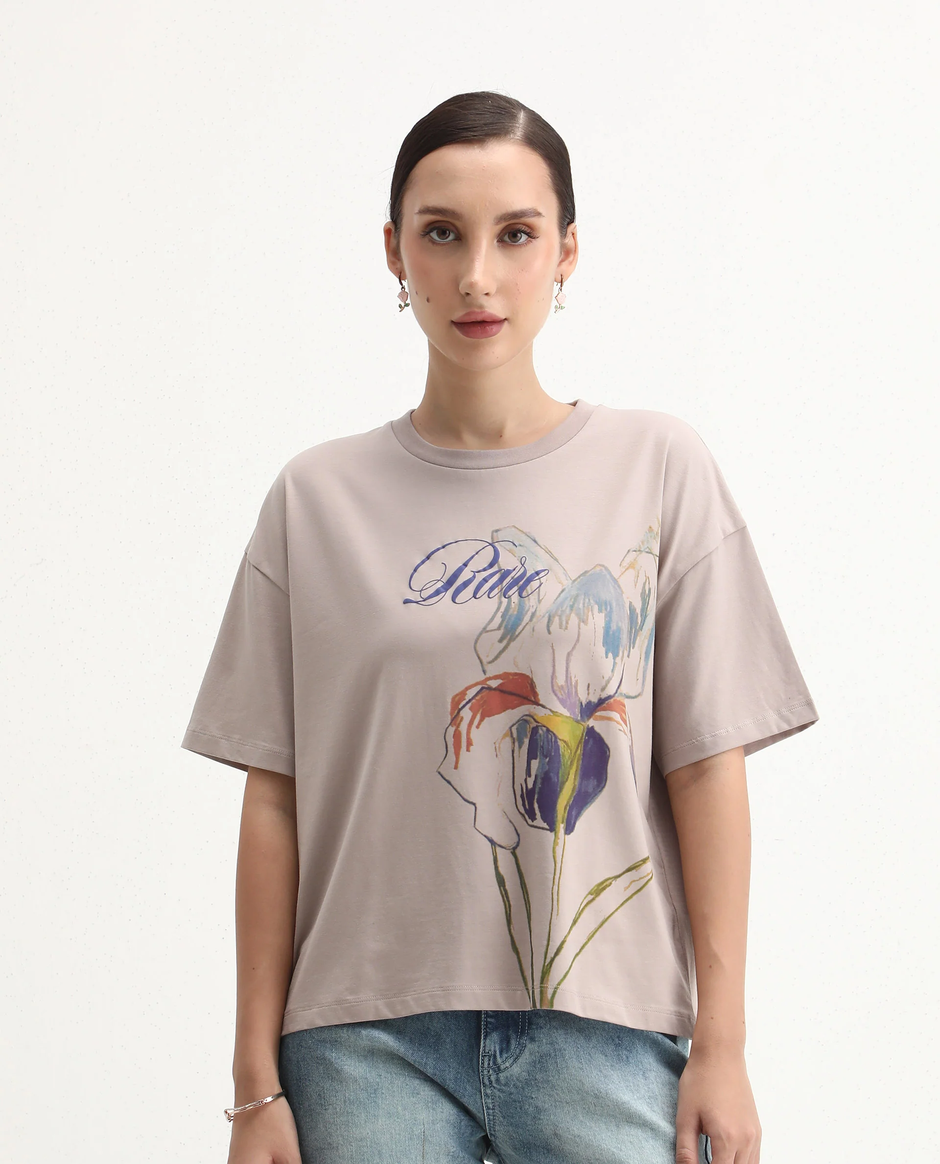 Rareism Women's Fero Beige Cotton Blend Crew Neck Relaxed Fit T-Shirt - Image 3