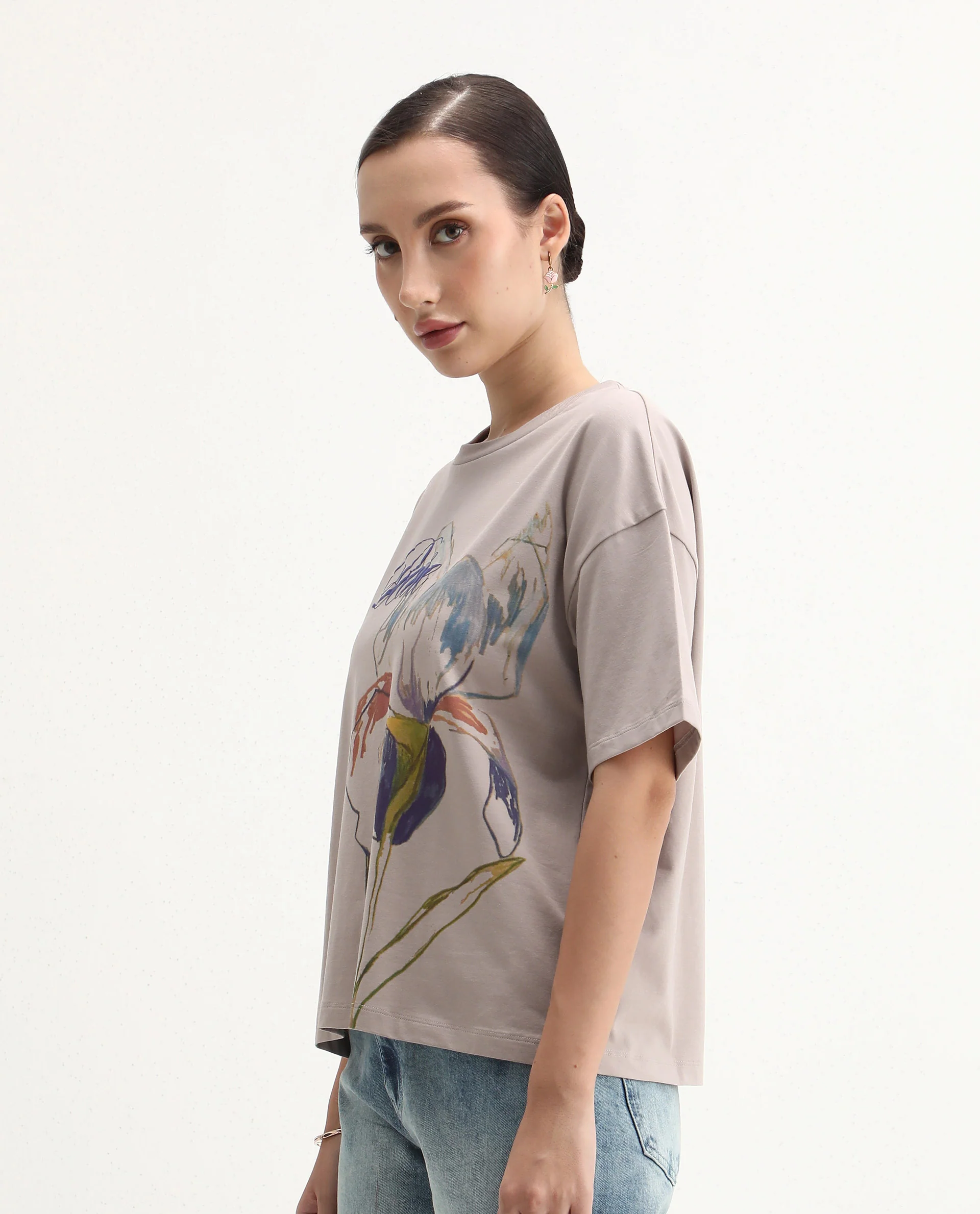 Rareism Women's Fero Beige Cotton Blend Crew Neck Relaxed Fit T-Shirt - Image 4