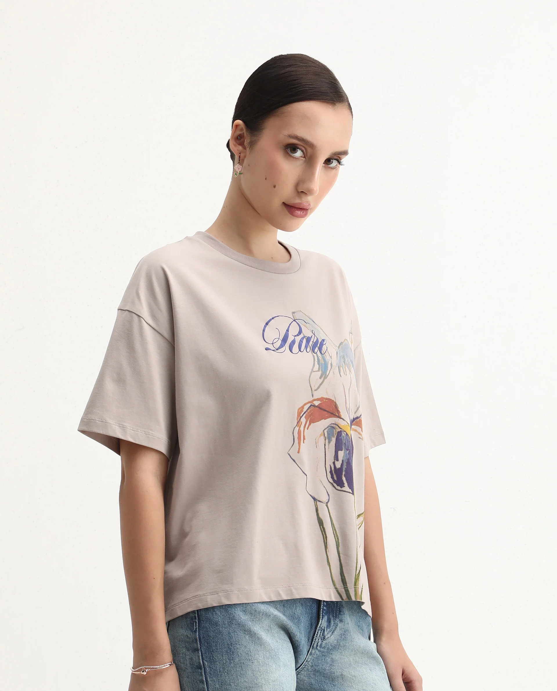Rareism Women's Fero Beige Cotton Blend Crew Neck Relaxed Fit T-Shirt - Image 5