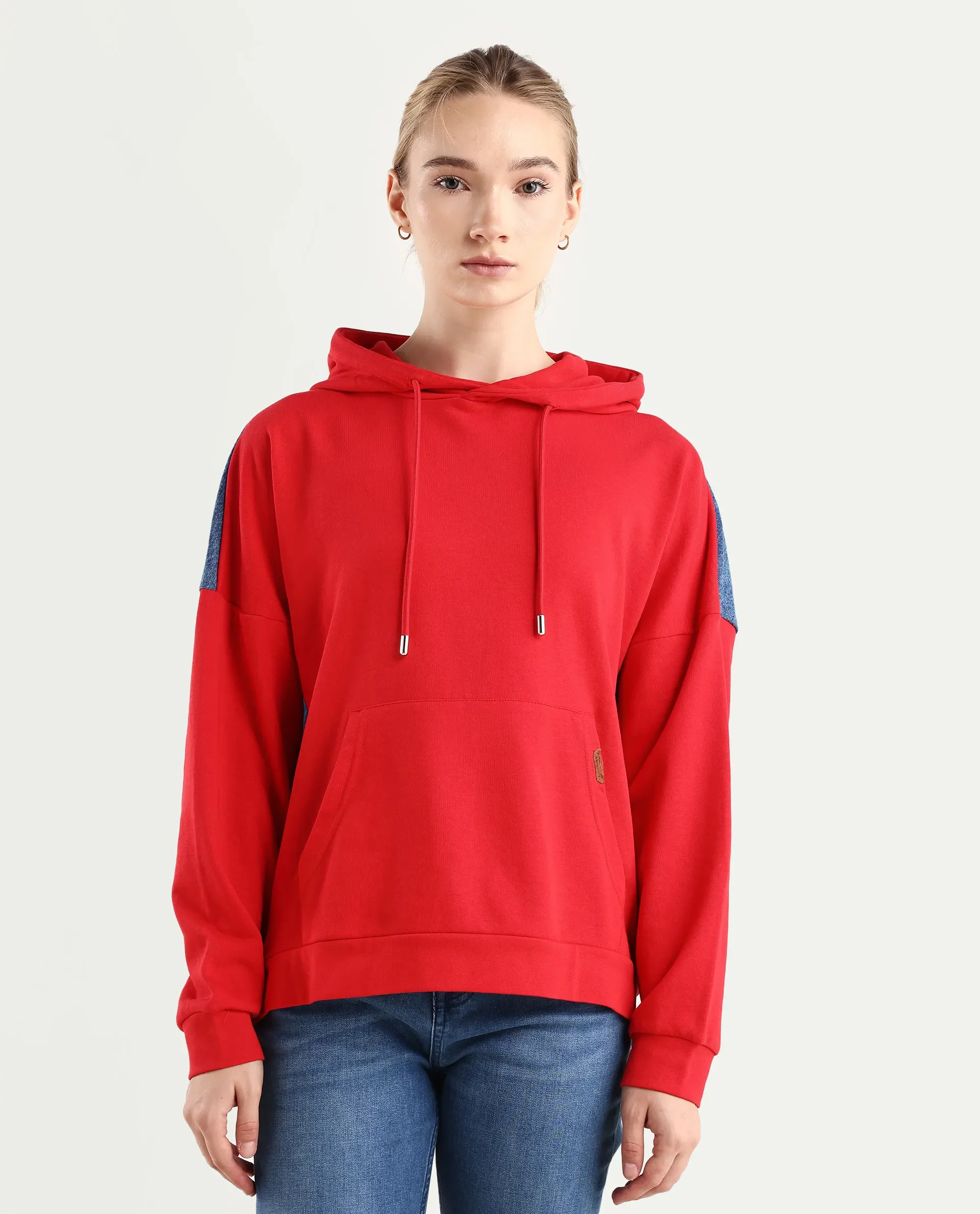 Rareism Women's Ferra Red Cotton Blend Hooded Plain Relaxed Fit Sweatshirt - Image 3
