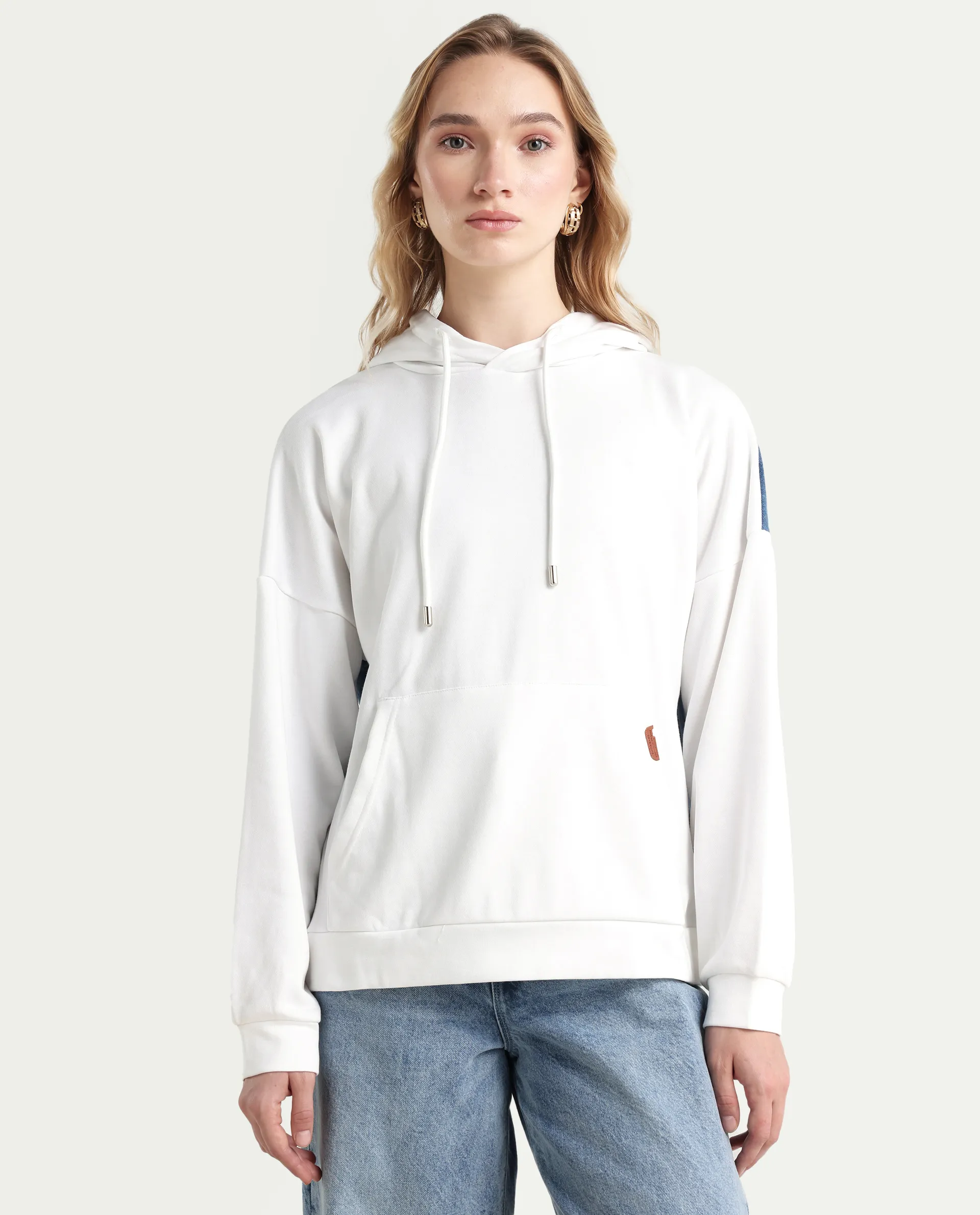 Rareism Women's Ferra White Cotton Blend Hooded Plain Relaxed Fit Sweatshirt - Image 3