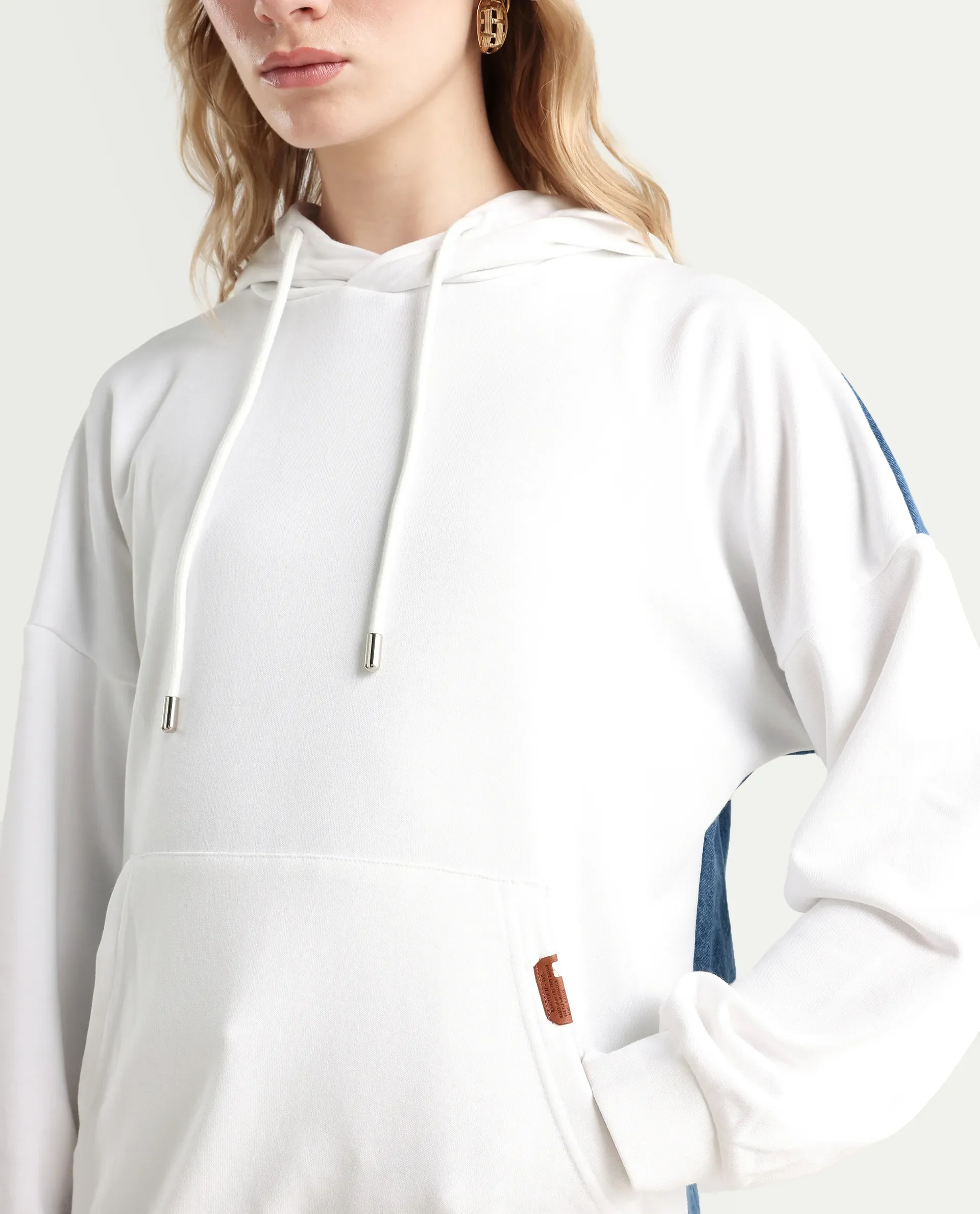 Rareism Women's Ferra White Cotton Blend Hooded Plain Relaxed Fit Sweatshirt - Image 4