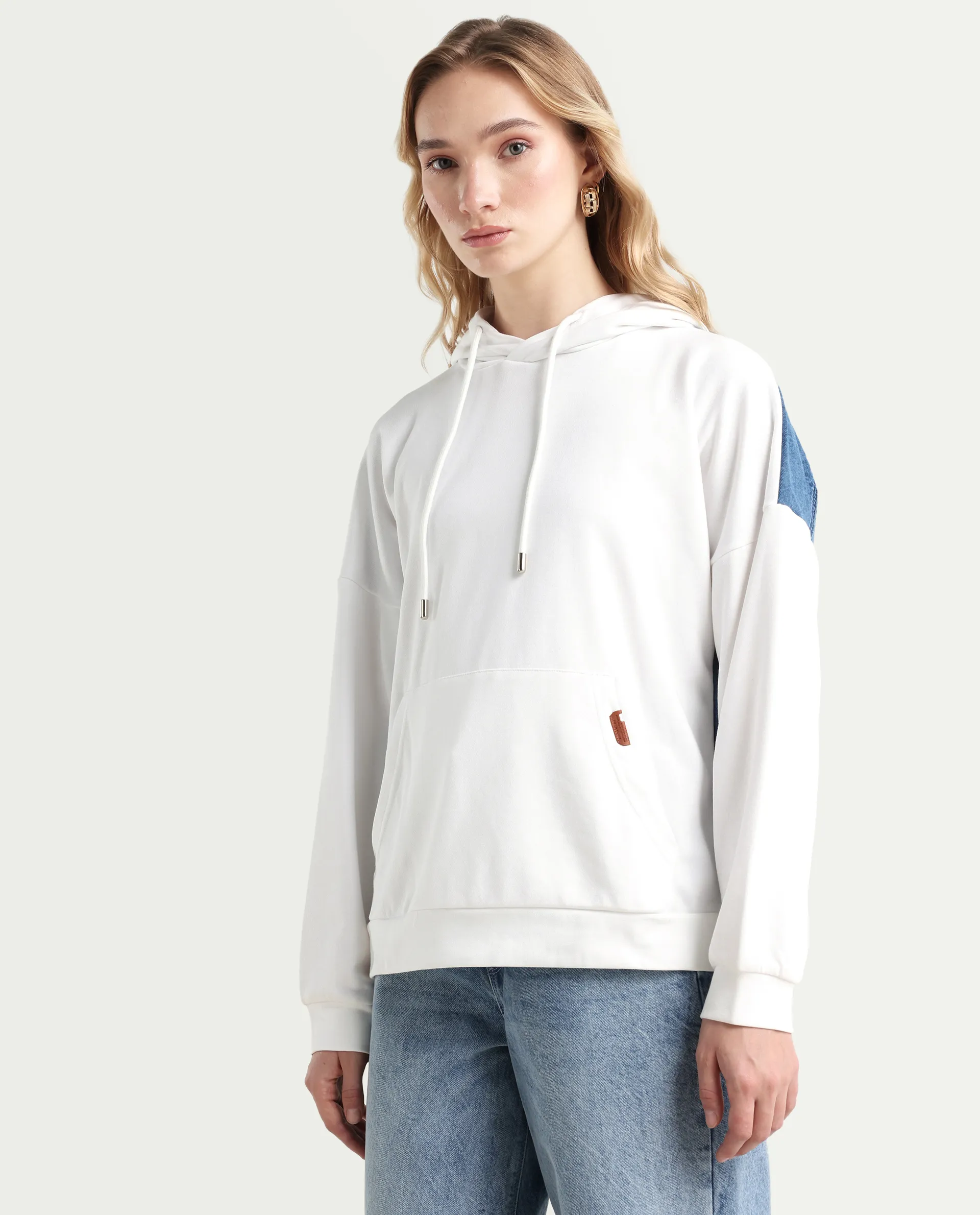 Rareism Women's Ferra White Cotton Blend Hooded Plain Relaxed Fit Sweatshirt - Image 5