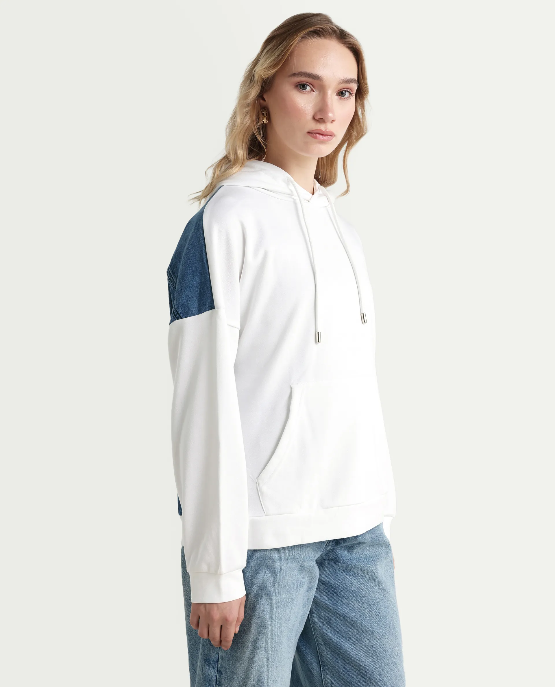 Rareism Women's Ferra White Cotton Blend Hooded Plain Relaxed Fit Sweatshirt - Image 6